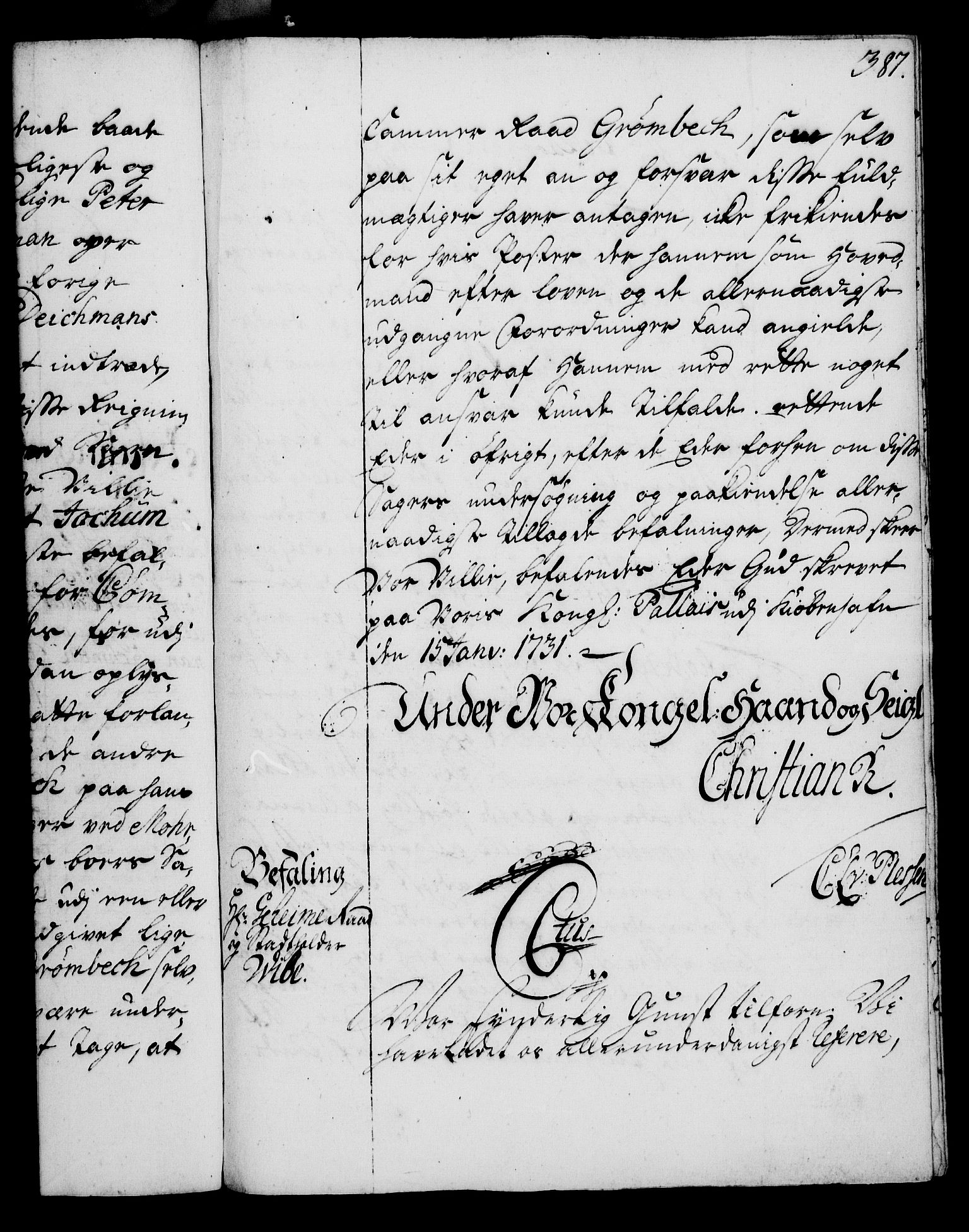 Rentekammeret, Kammerkanselliet, AV/RA-EA-3111/G/Gg/Gga/L0003: Norsk ekspedisjonsprotokoll med register (merket RK 53.3), 1727-1734, p. 387