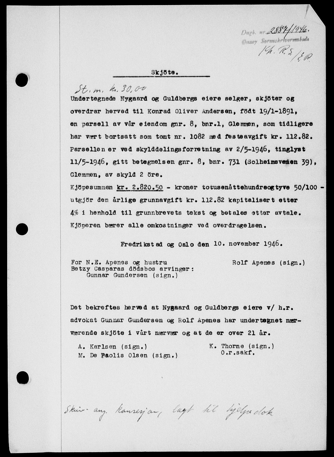 Onsøy sorenskriveri, SAO/A-10474/G/Ga/Gab/L0018: Mortgage book no. II A-18, 1946-1947, Diary no: : 2887/1946