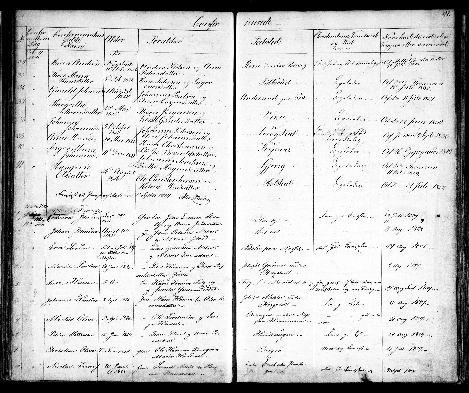Enebakk prestekontor Kirkebøker, SAO/A-10171c/F/Fa/L0010: Parish register (official) no. I 10, 1829-1876, p. 41