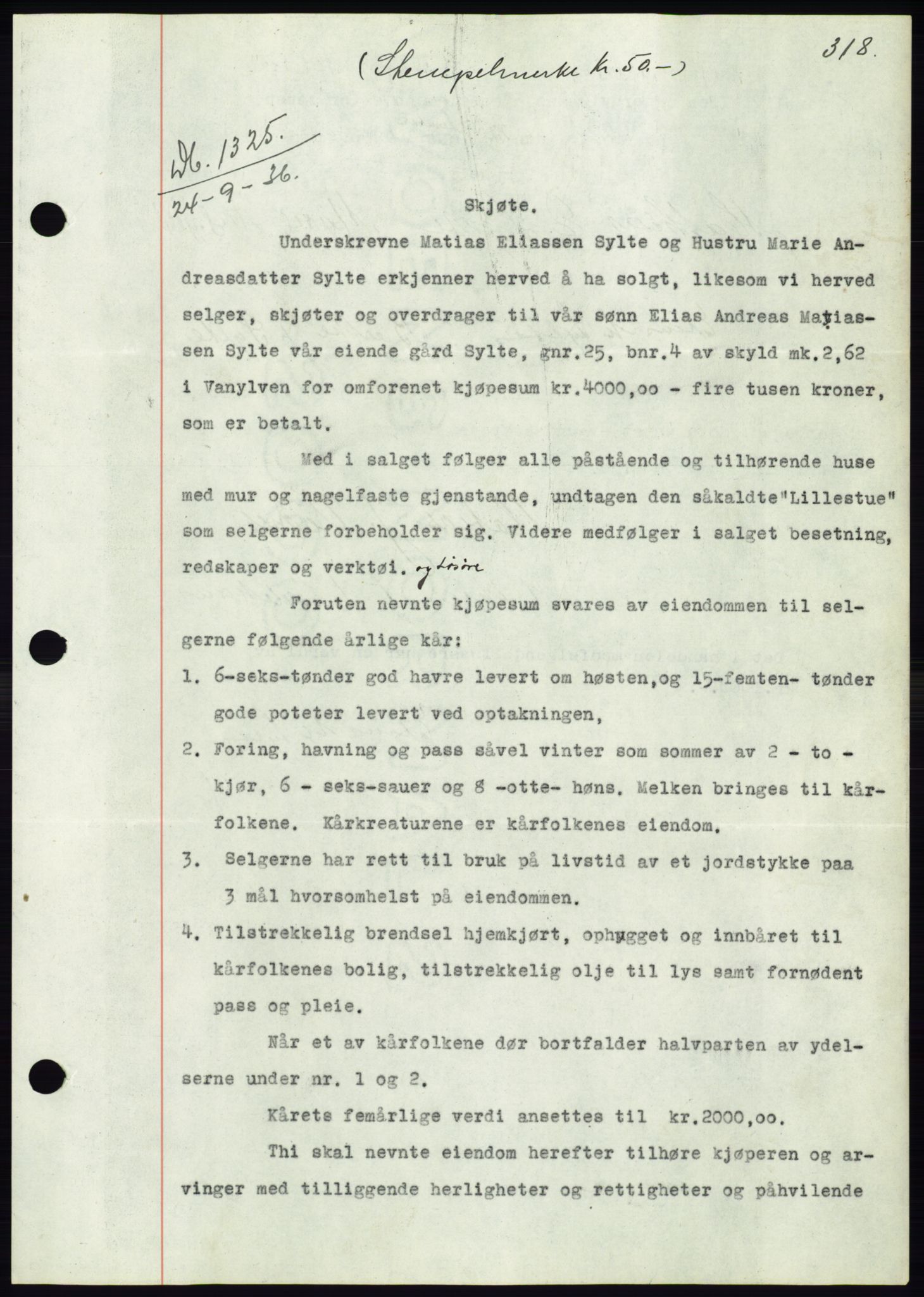 Søre Sunnmøre sorenskriveri, AV/SAT-A-4122/1/2/2C/L0061: Mortgage book no. 55, 1936-1936, Diary no: : 1325/1936