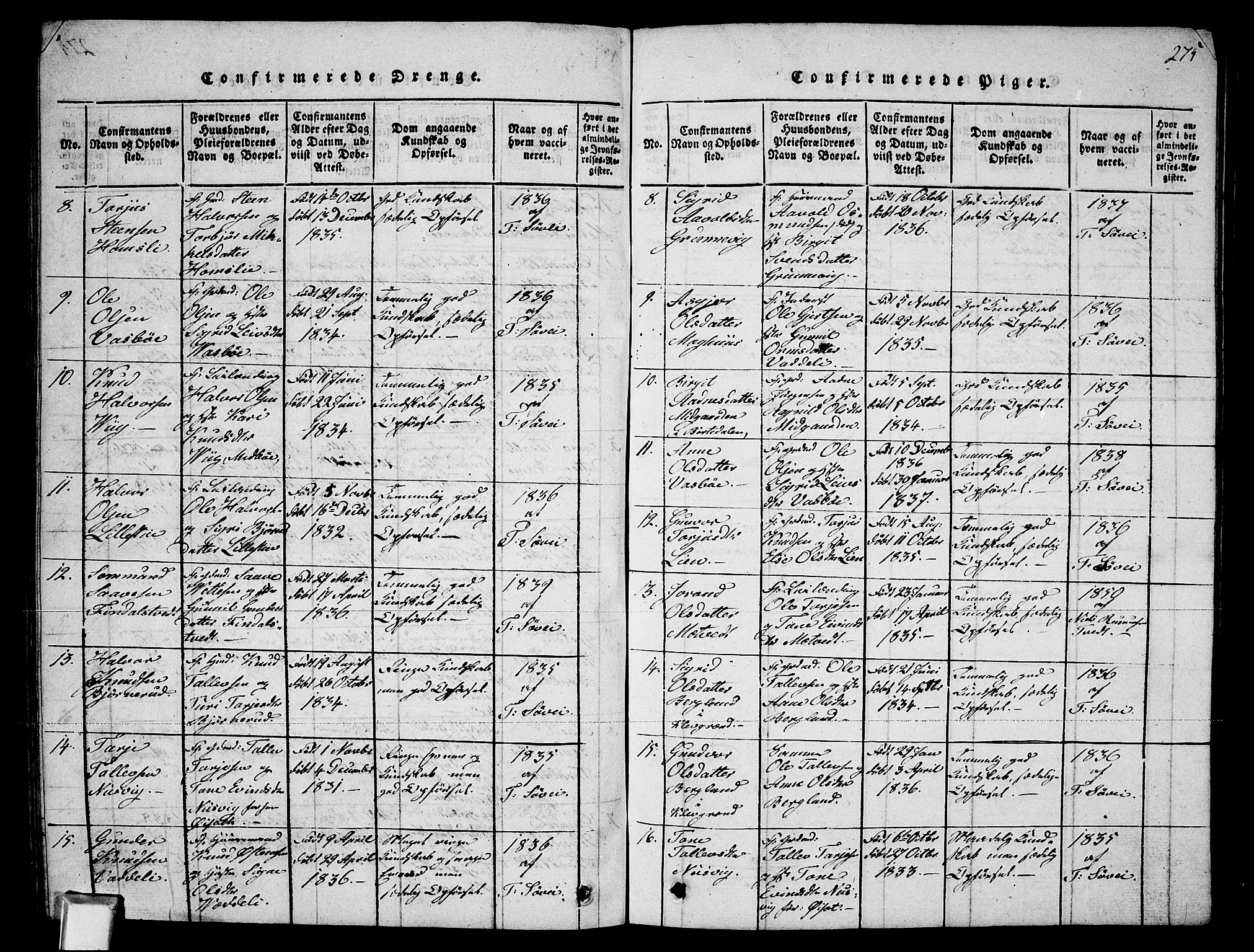 Fyresdal kirkebøker, SAKO/A-263/G/Ga/L0002: Parish register (copy) no. I 2, 1815-1857, p. 275