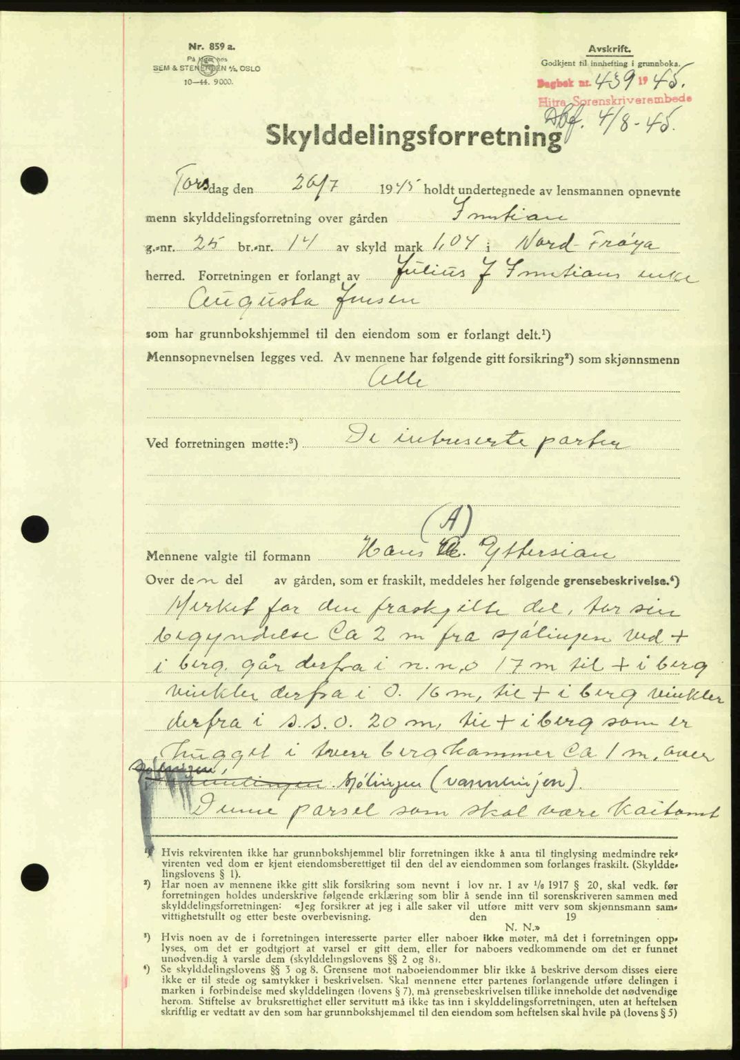 Hitra sorenskriveri, AV/SAT-A-0018/2/2C/2Ca: Mortgage book no. A2, 1943-1945, Diary no: : 439/1945