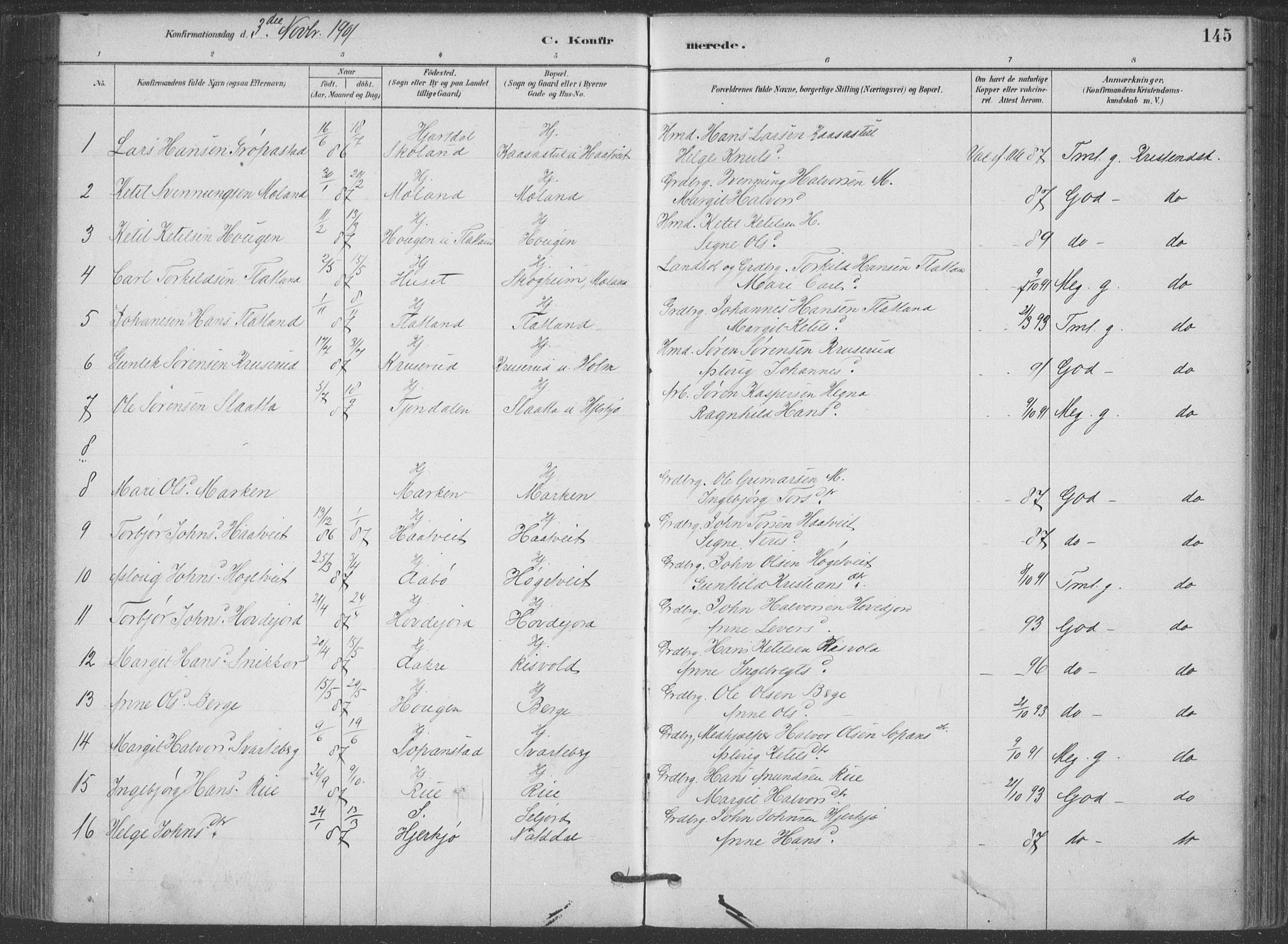 Hjartdal kirkebøker, SAKO/A-270/F/Fa/L0010: Parish register (official) no. I 10, 1880-1929, p. 145