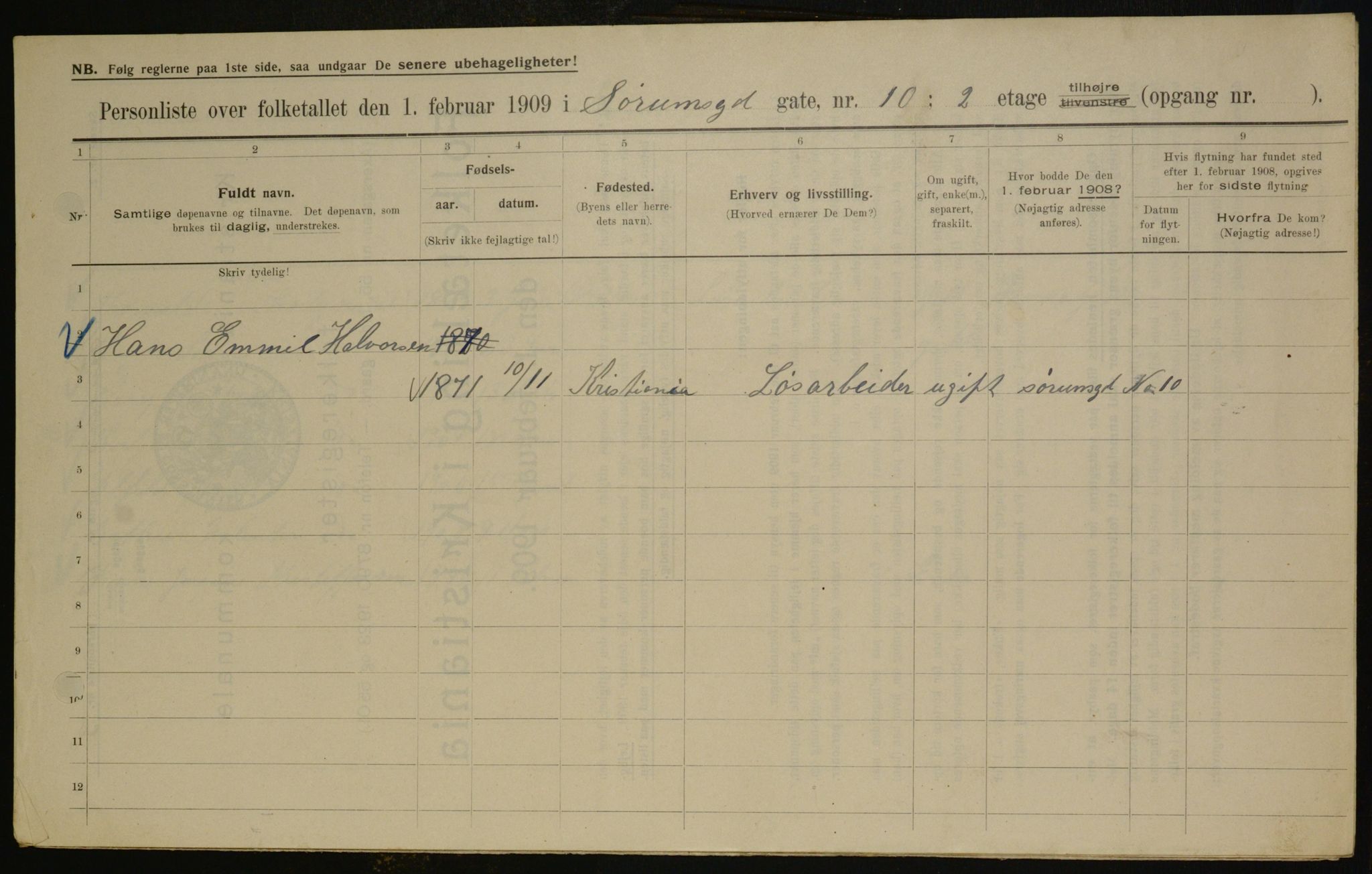 OBA, Municipal Census 1909 for Kristiania, 1909, p. 96947