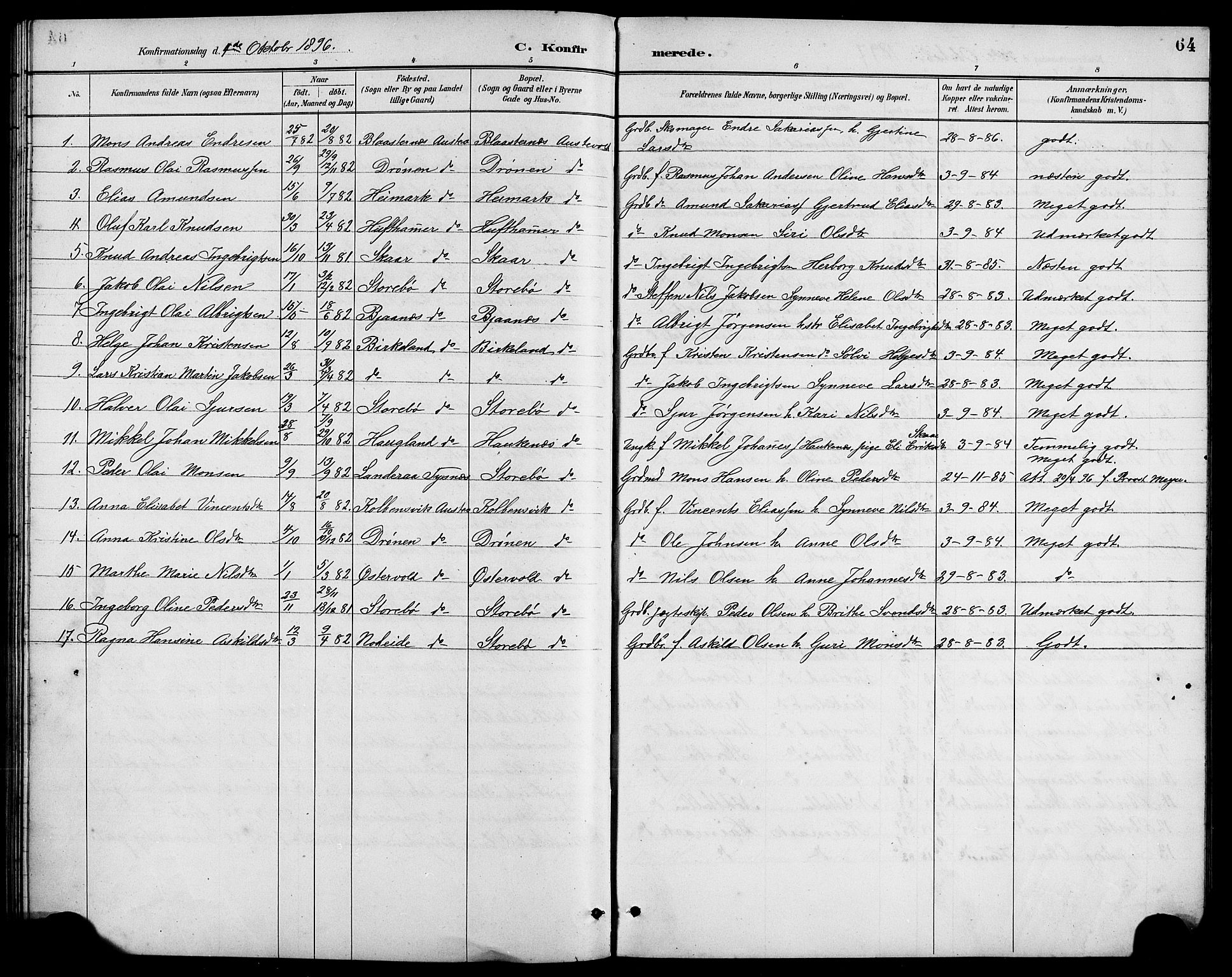 Austevoll Sokneprestembete, SAB/A-74201/H/Hab: Parish register (copy) no. A 3, 1889-1900, p. 64