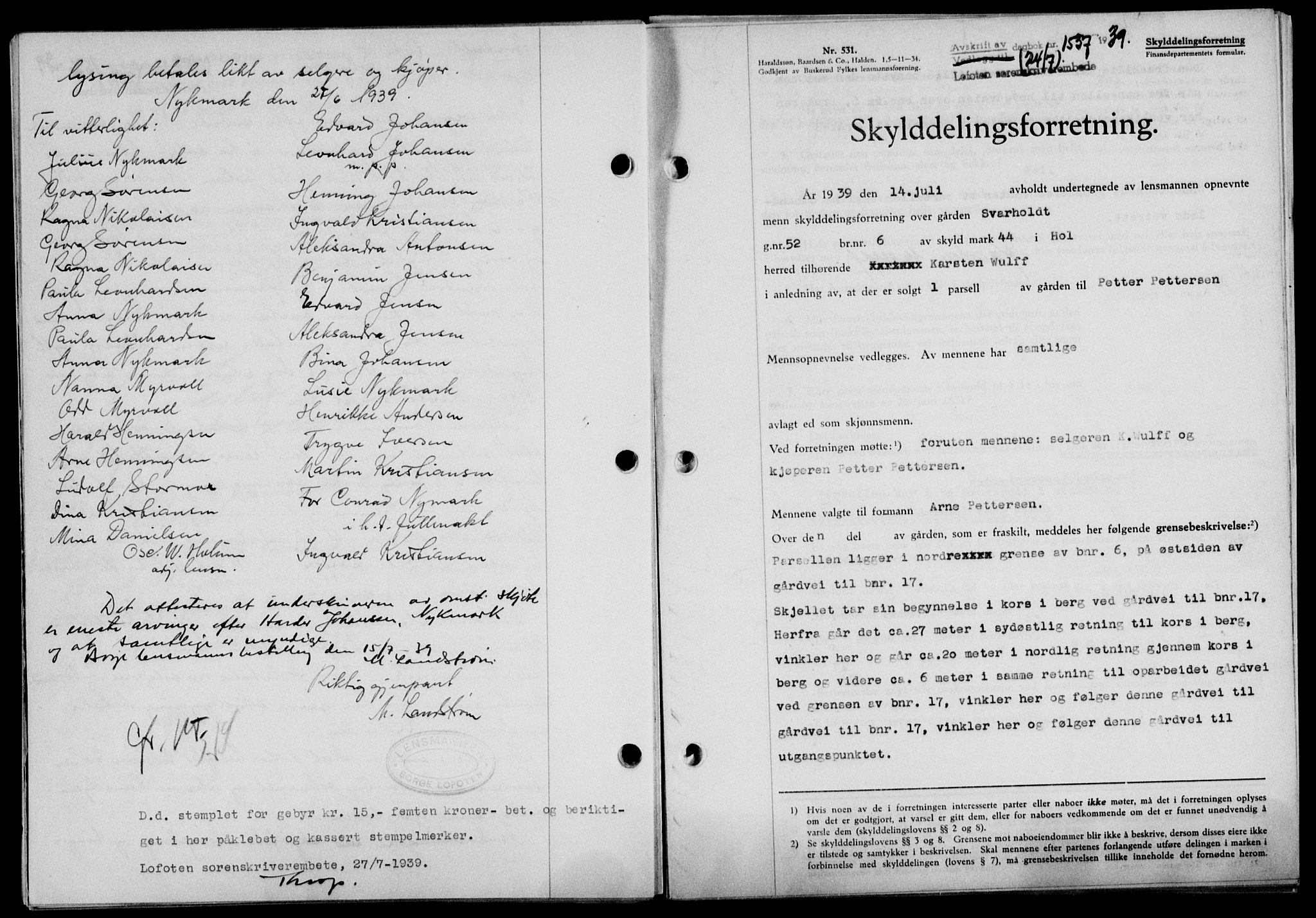 Lofoten sorenskriveri, SAT/A-0017/1/2/2C/L0006a: Mortgage book no. 6a, 1939-1939, Diary no: : 1537/1939