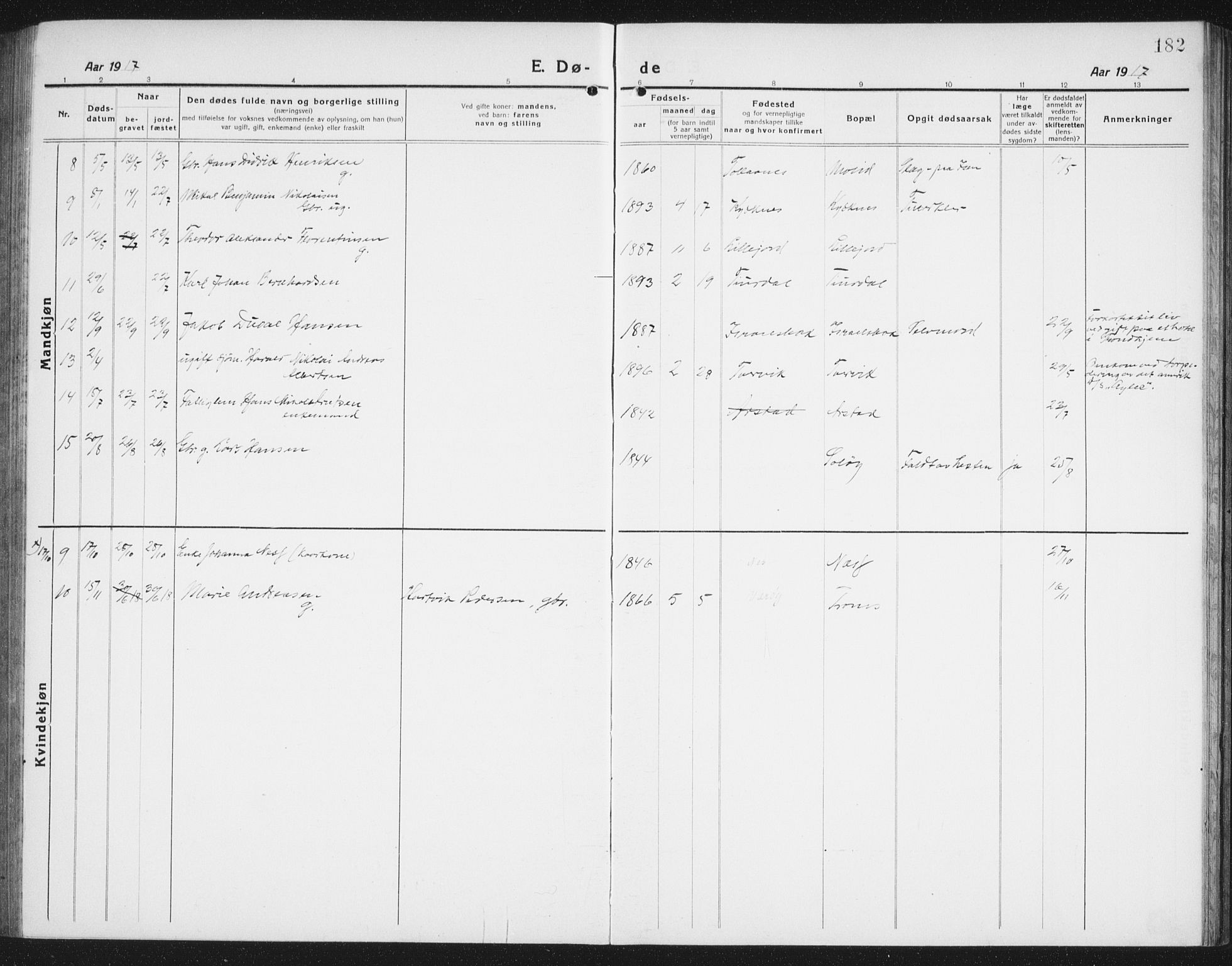 Ministerialprotokoller, klokkerbøker og fødselsregistre - Nordland, SAT/A-1459/846/L0656: Parish register (copy) no. 846C06, 1917-1936, p. 182