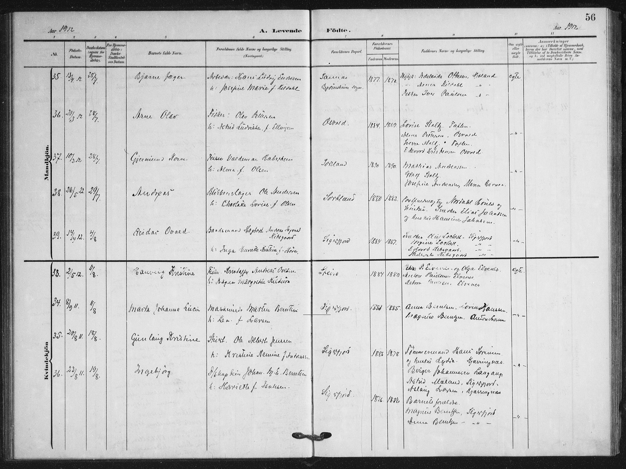 Ministerialprotokoller, klokkerbøker og fødselsregistre - Nordland, AV/SAT-A-1459/895/L1373: Parish register (official) no. 895A08, 1905-1915, p. 56