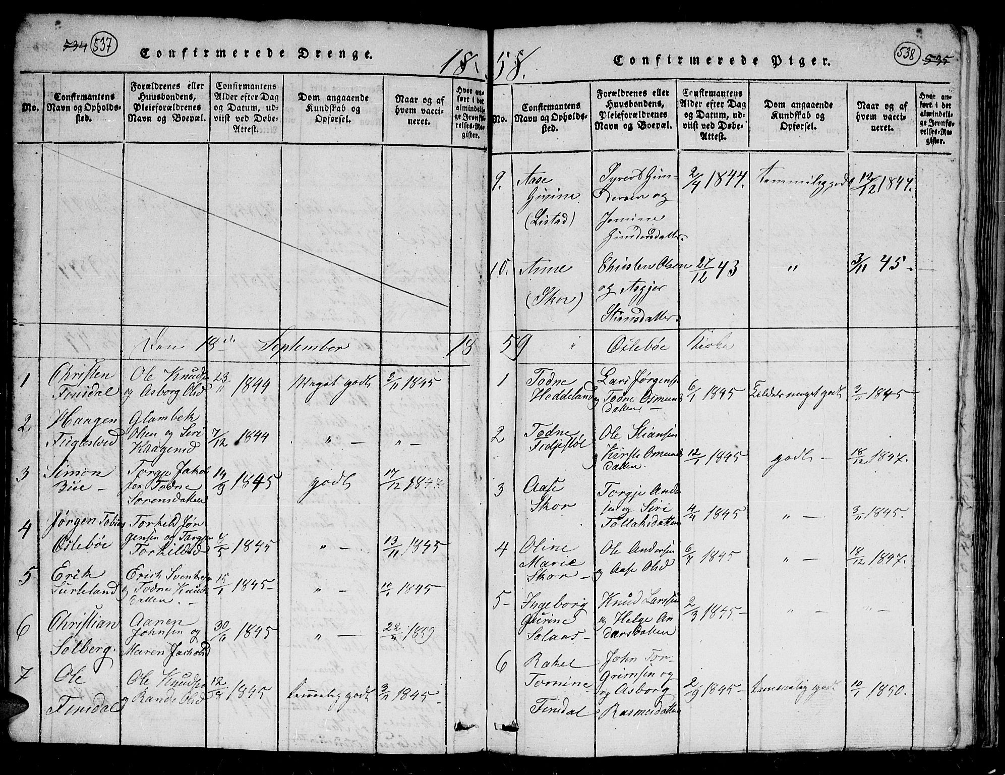 Holum sokneprestkontor, AV/SAK-1111-0022/F/Fb/Fbc/L0001: Parish register (copy) no. B 1, 1820-1859, p. 537-538