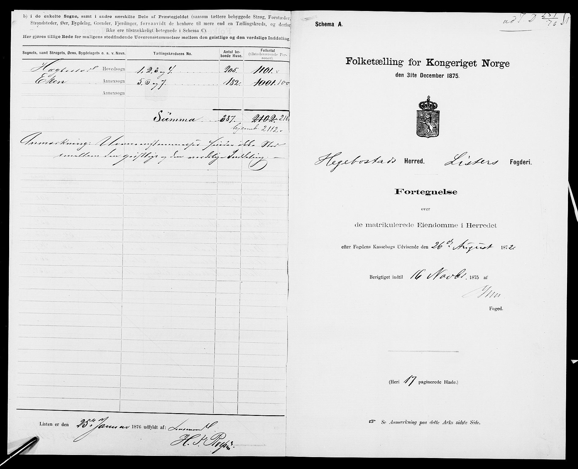 SAK, 1875 census for 1034P Hægebostad, 1875, p. 3