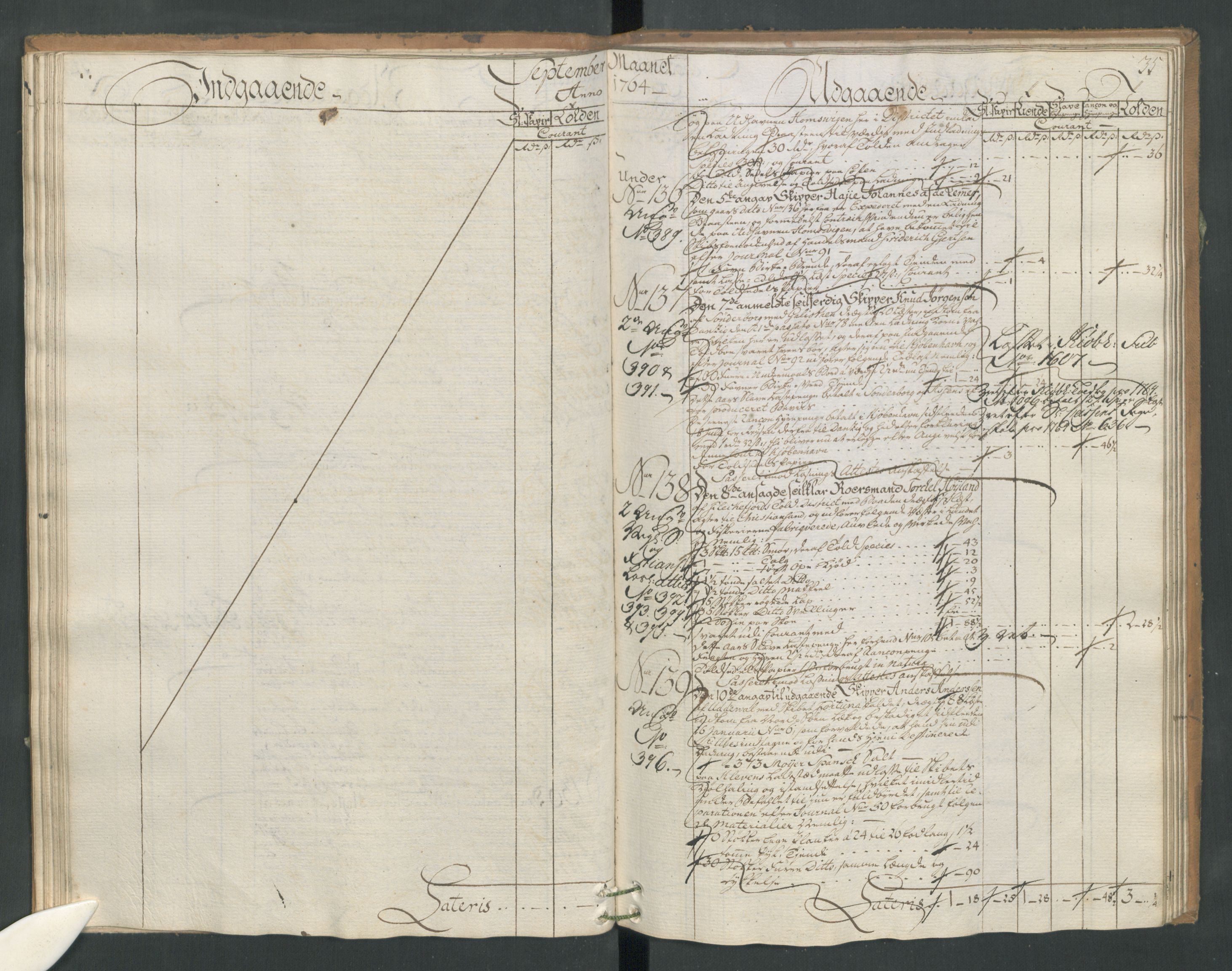 Generaltollkammeret, tollregnskaper, RA/EA-5490/R17/L0025/0006: Tollregnskaper Mandal / Utgående hovedtollbok, 1764, p. 34b-35a