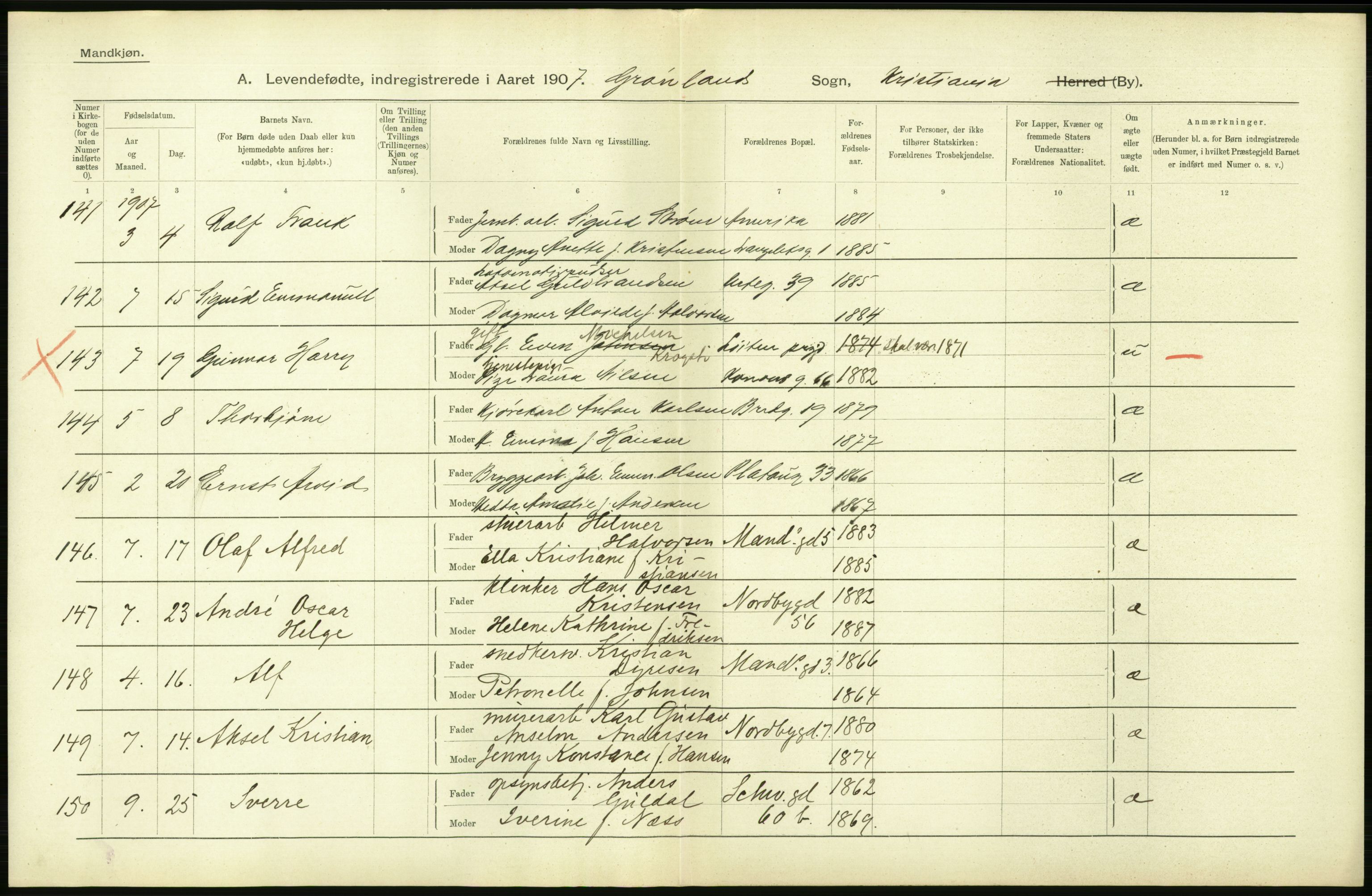 Statistisk sentralbyrå, Sosiodemografiske emner, Befolkning, AV/RA-S-2228/D/Df/Dfa/Dfae/L0007: Kristiania: Levendefødte menn og kvinner., 1907, p. 294