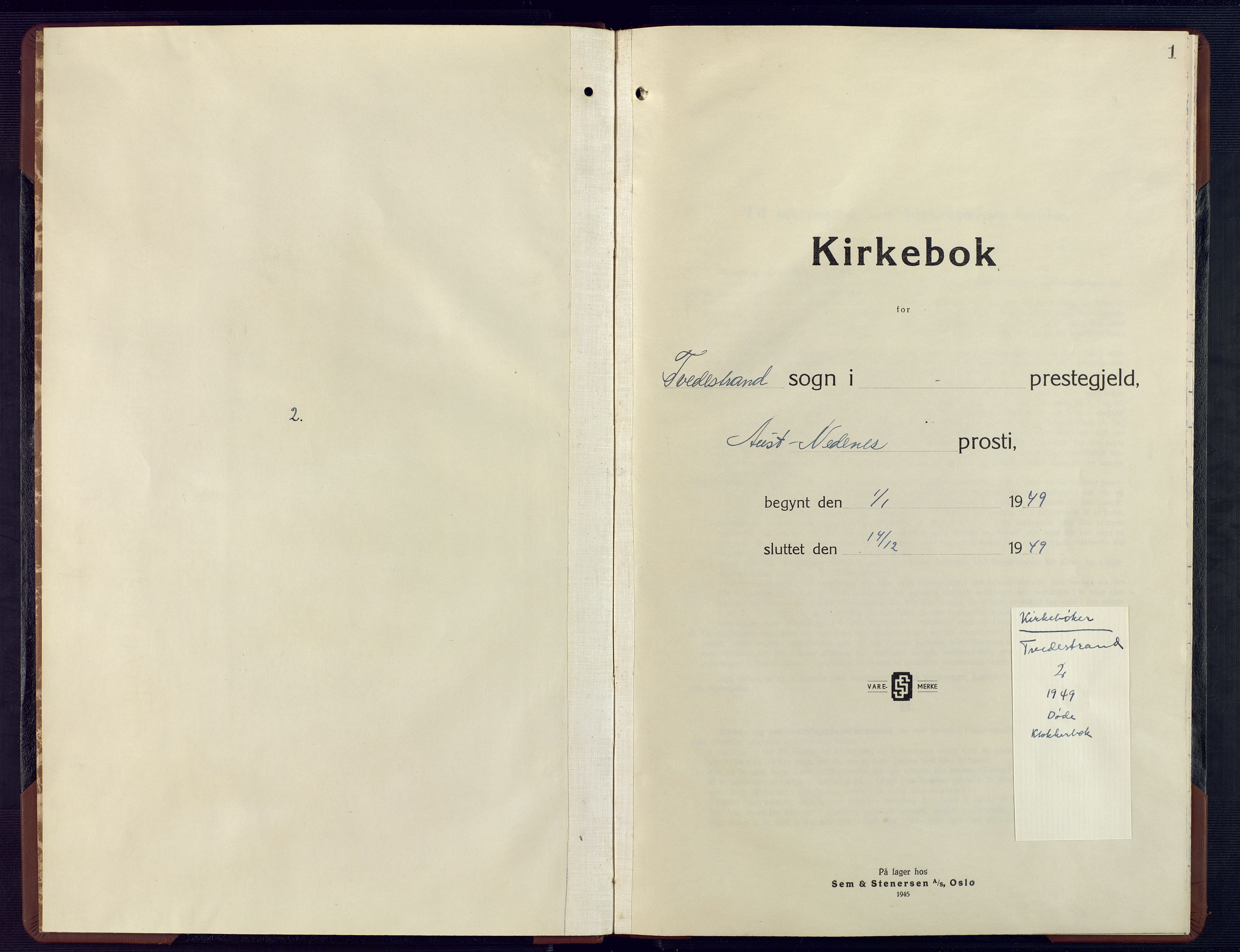 Tvedestrand sokneprestkontor, SAK/1111-0042/F/Fb/L0003: Parish register (copy) no. B 3, 1949-1949, p. 1