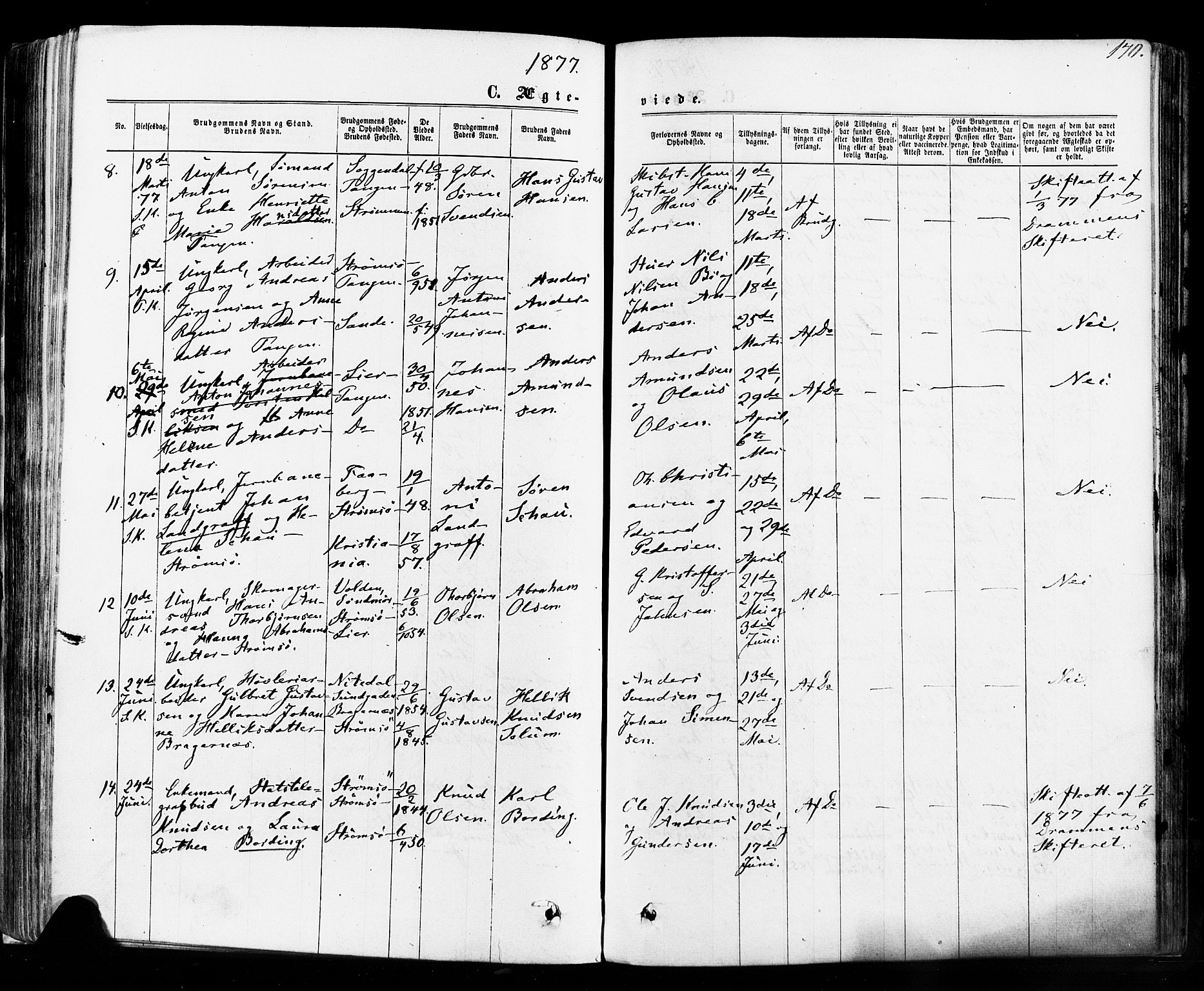 Strømsø kirkebøker, AV/SAKO-A-246/F/Fa/L0018: Parish register (official) no. I 18, 1865-1878, p. 170
