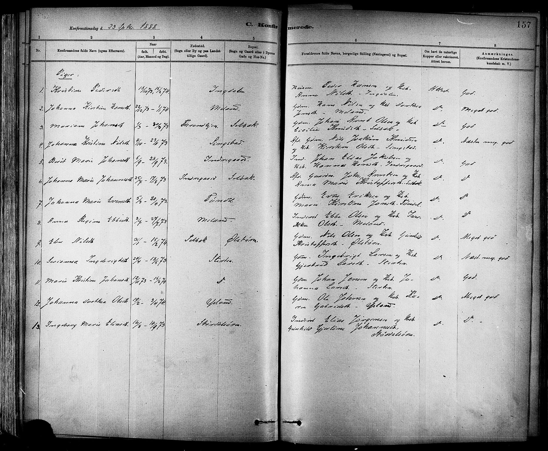 Ministerialprotokoller, klokkerbøker og fødselsregistre - Sør-Trøndelag, SAT/A-1456/647/L0634: Parish register (official) no. 647A01, 1885-1896, p. 157