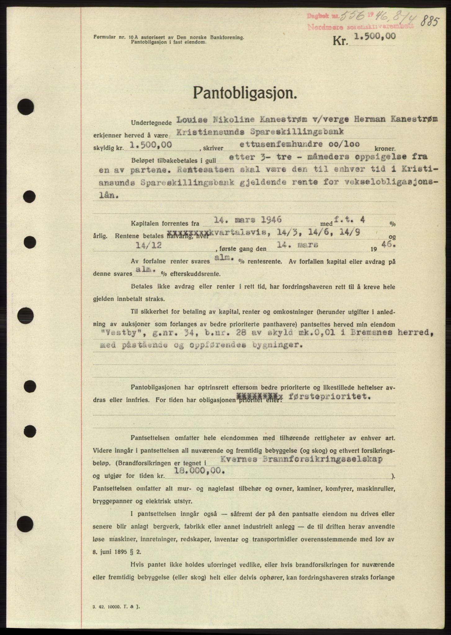 Nordmøre sorenskriveri, AV/SAT-A-4132/1/2/2Ca: Mortgage book no. B93b, 1946-1946, Diary no: : 556/1946