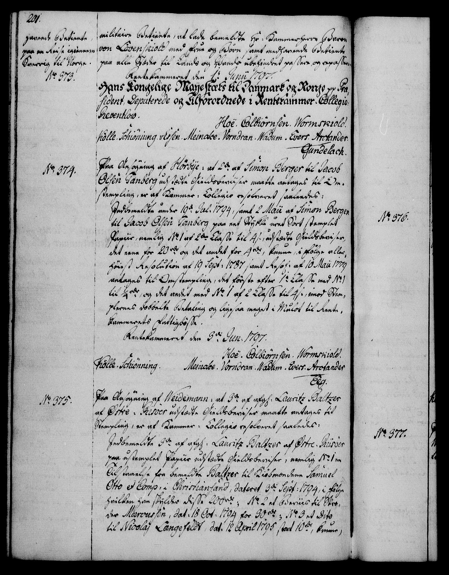 Rentekammeret, Kammerkanselliet, AV/RA-EA-3111/G/Gg/Gga/L0016: Norsk ekspedisjonsprotokoll med register (merket RK 53.16), 1794-1800, p. 201