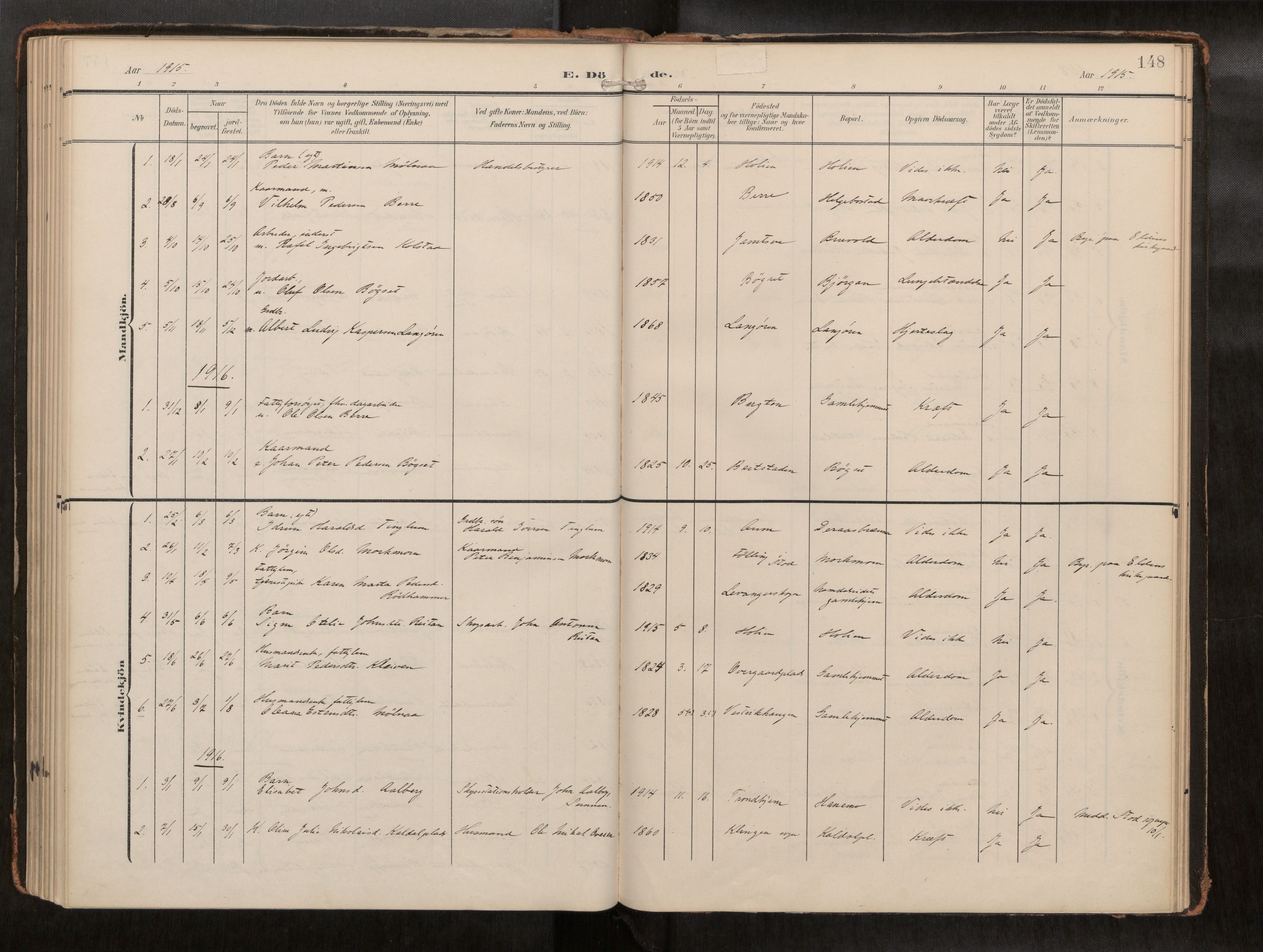 Ministerialprotokoller, klokkerbøker og fødselsregistre - Nord-Trøndelag, AV/SAT-A-1458/742/L0409a: Parish register (official) no. 742A03, 1906-1924, p. 148