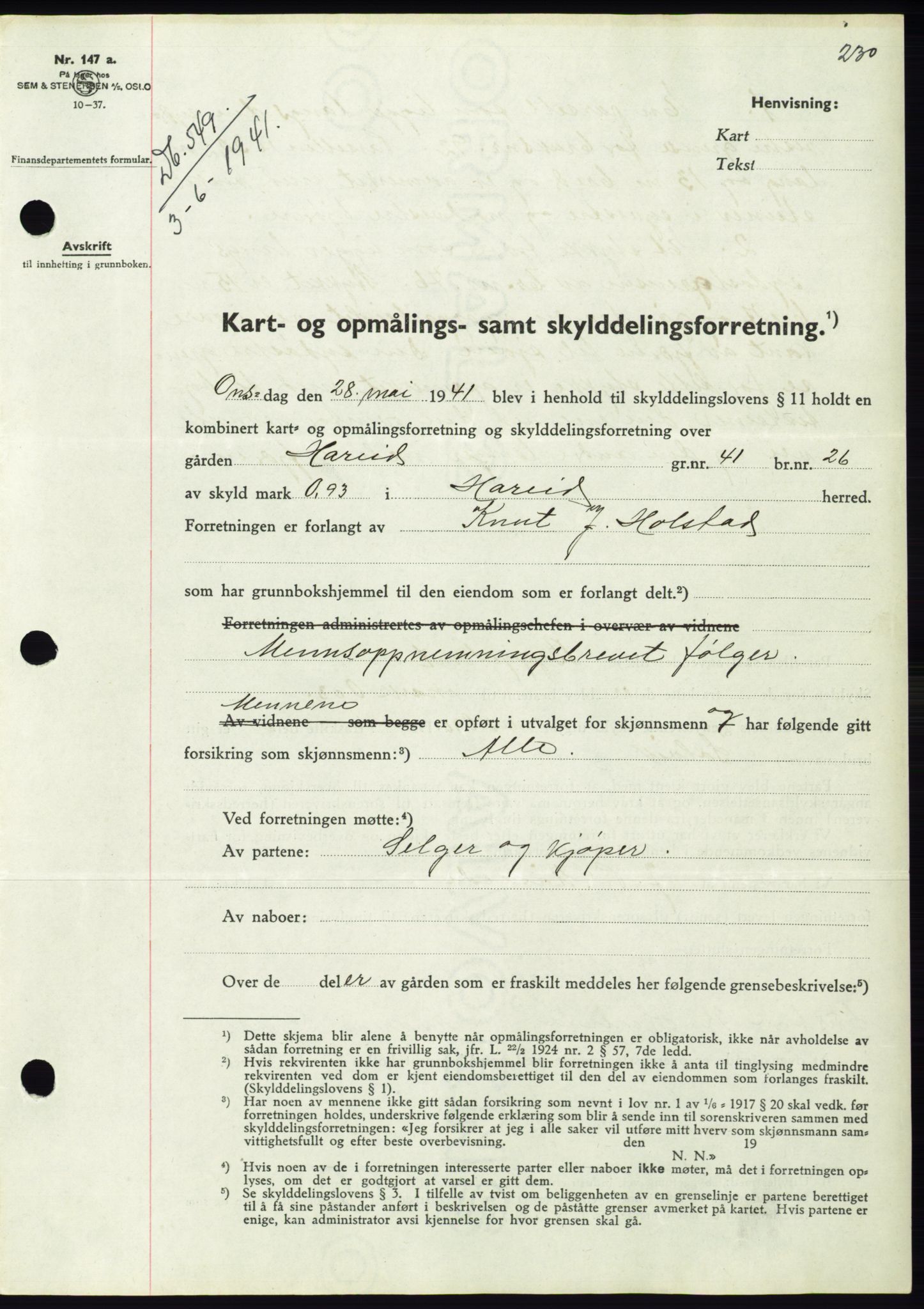 Søre Sunnmøre sorenskriveri, AV/SAT-A-4122/1/2/2C/L0071: Mortgage book no. 65, 1941-1941, Diary no: : 549/1941