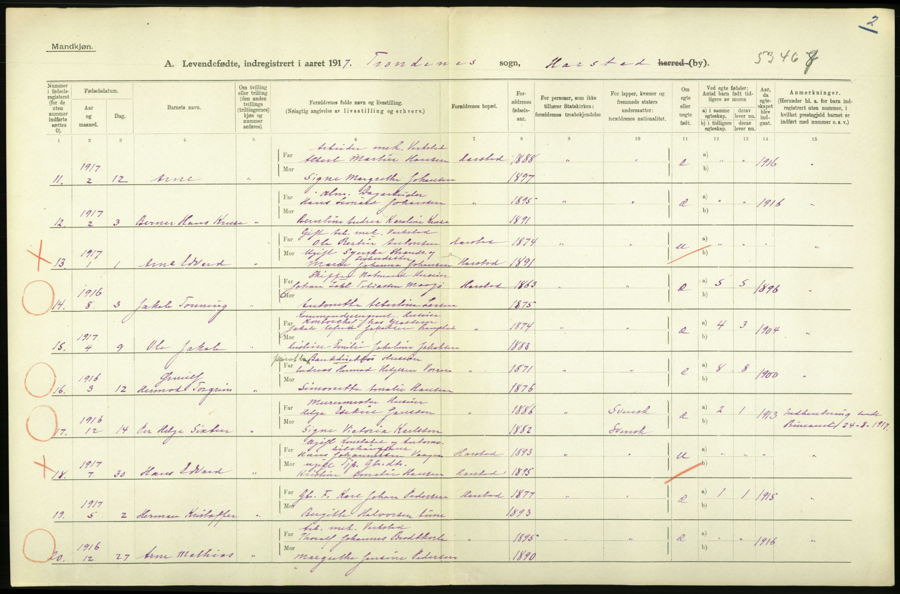 Statistisk sentralbyrå, Sosiodemografiske emner, Befolkning, AV/RA-S-2228/D/Df/Dfb/Dfbg/L0053: Tromsø amt: Levendefødte menn og kvinner. Bygder og byer., 1917, p. 108