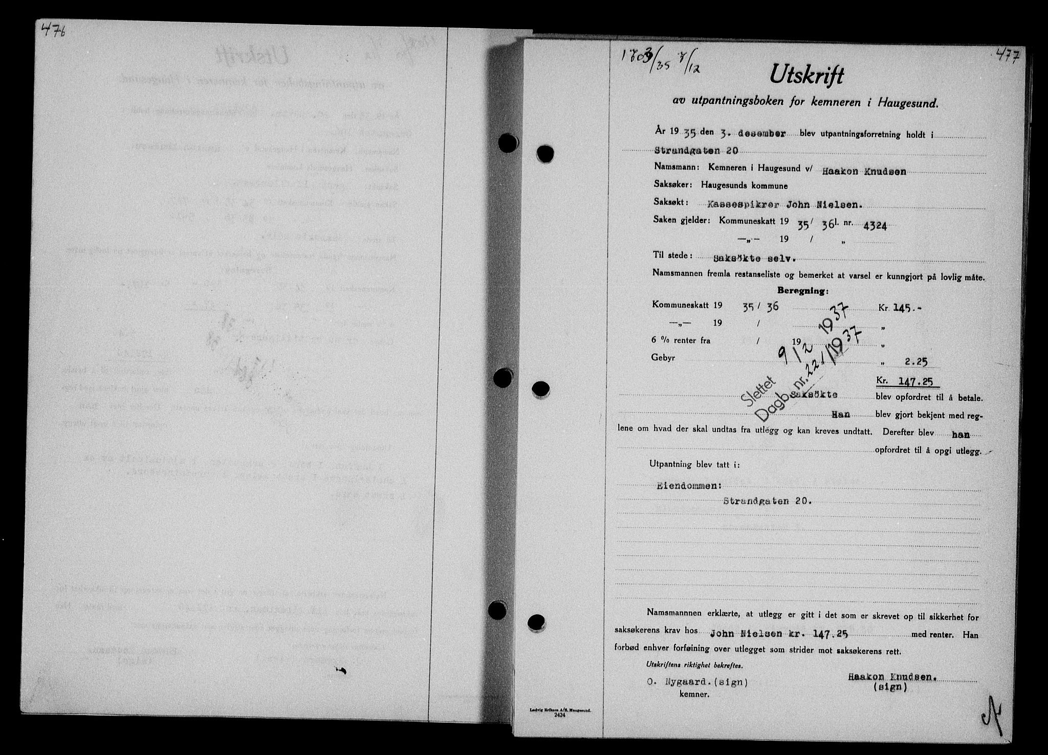 Haugesund tingrett, AV/SAST-A-101415/01/II/IIC/L0030: Mortgage book no. 30, 1935-1936, Diary no: : 1703/1935