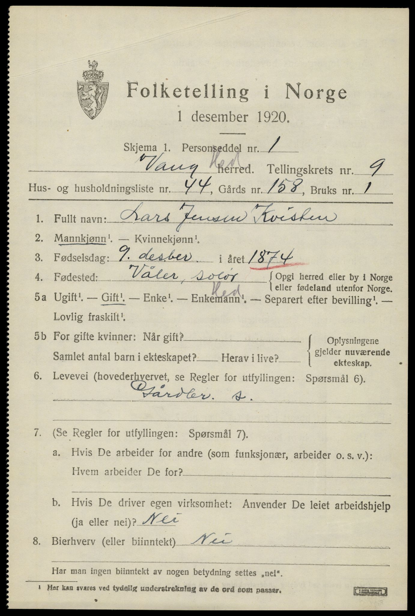 SAH, 1920 census for Vang (Hedmark), 1920, p. 18619