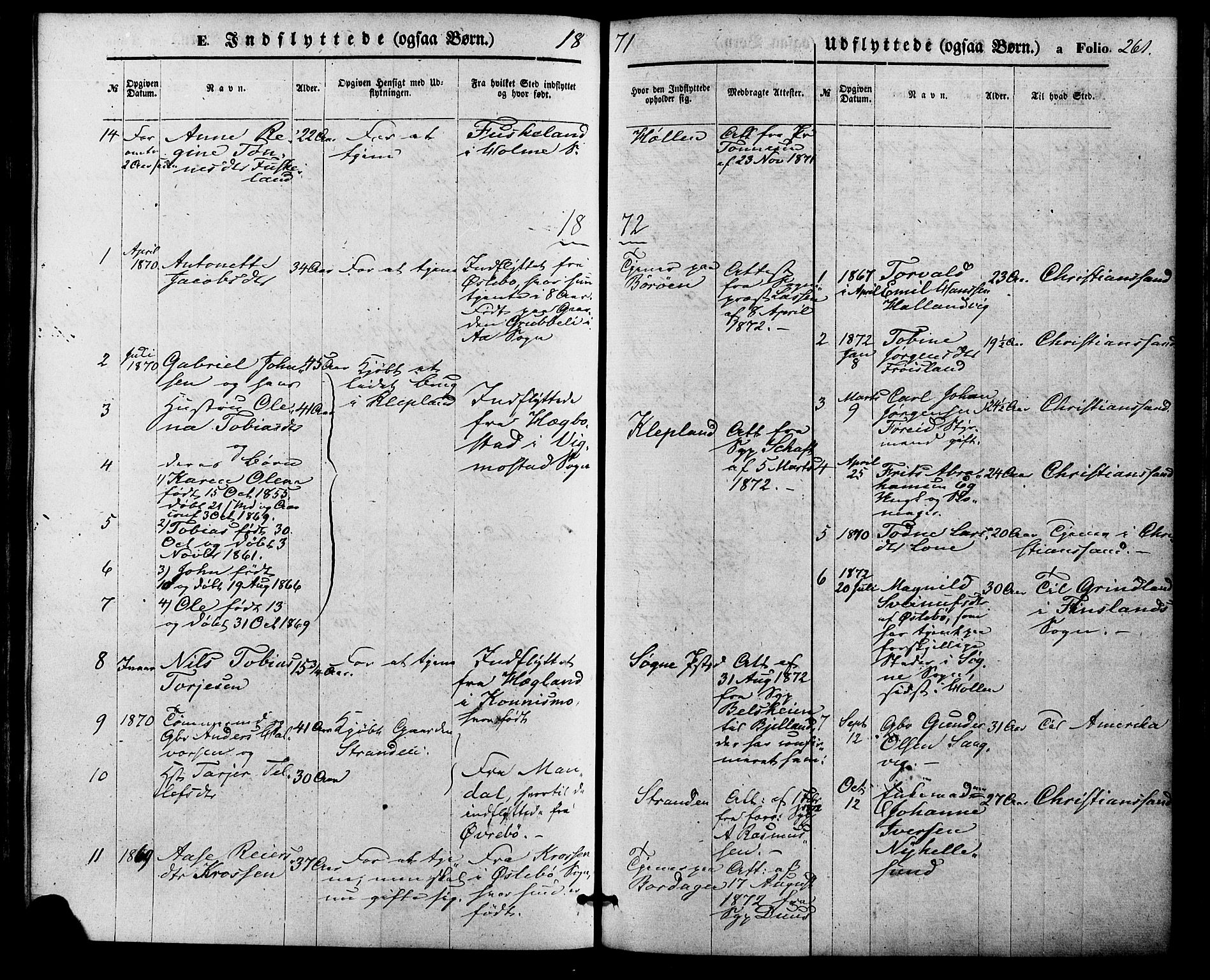 Søgne sokneprestkontor, SAK/1111-0037/F/Fa/Fab/L0011: Parish register (official) no. A 11, 1869-1879, p. 261