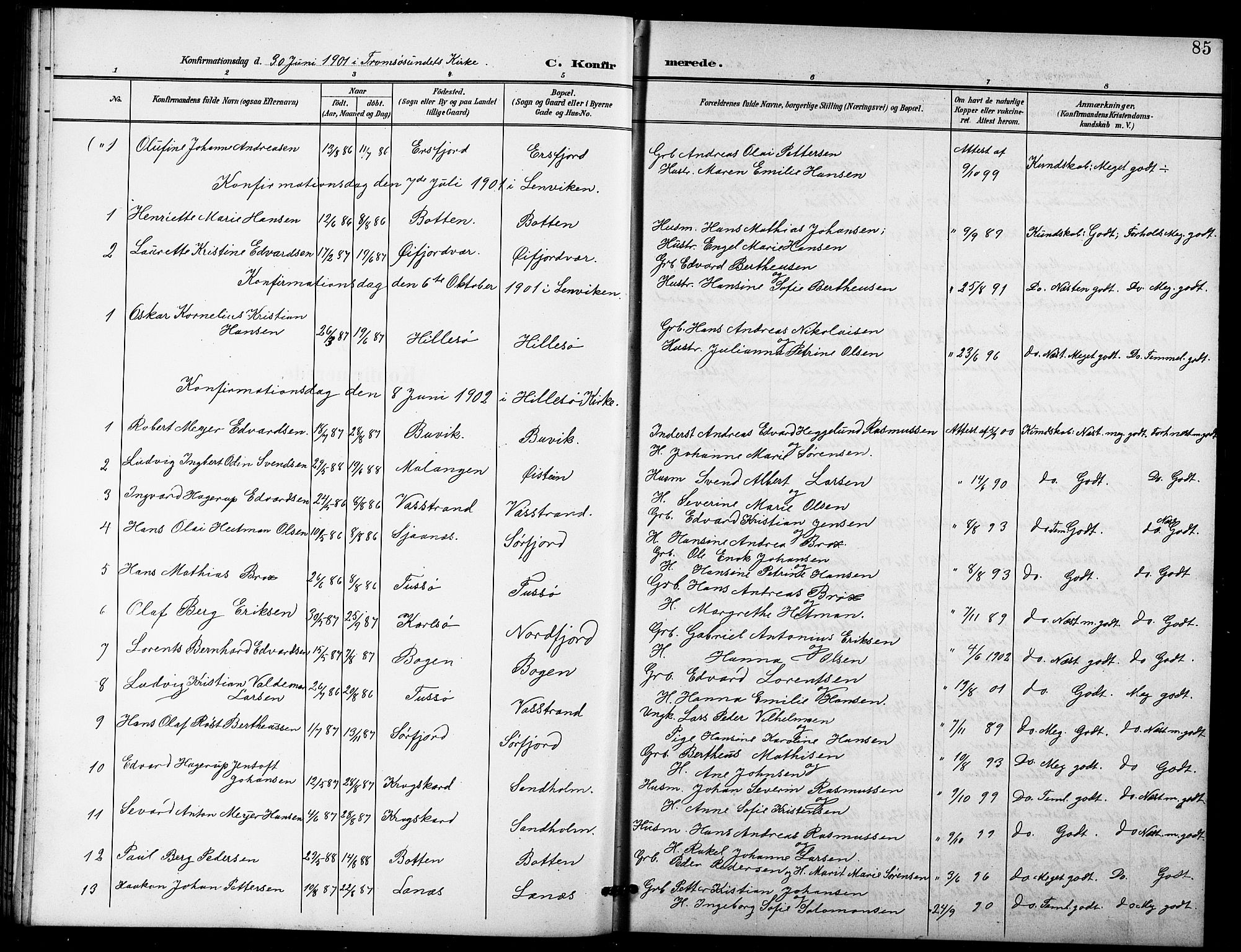 Lenvik sokneprestembete, SATØ/S-1310/H/Ha/Hab/L0022klokker: Parish register (copy) no. 22, 1901-1918, p. 85