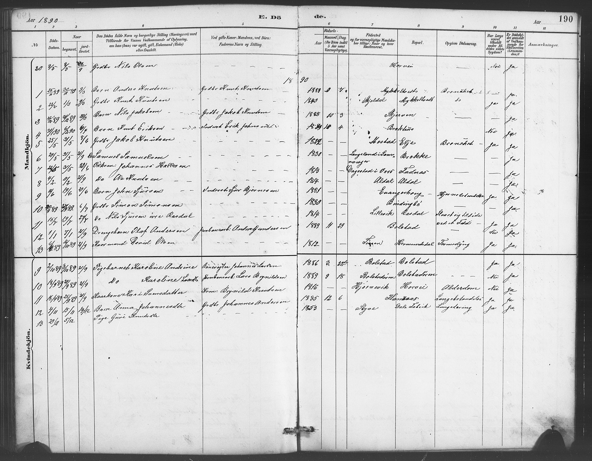 Evanger sokneprestembete, SAB/A-99924: Parish register (copy) no. A 4, 1887-1897, p. 190