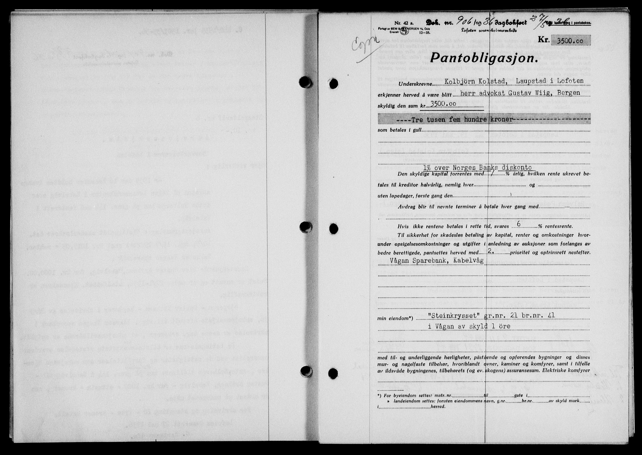 Lofoten sorenskriveri, SAT/A-0017/1/2/2C/L0033b: Mortgage book no. 33b, 1936-1936, Diary no: : 906/1936