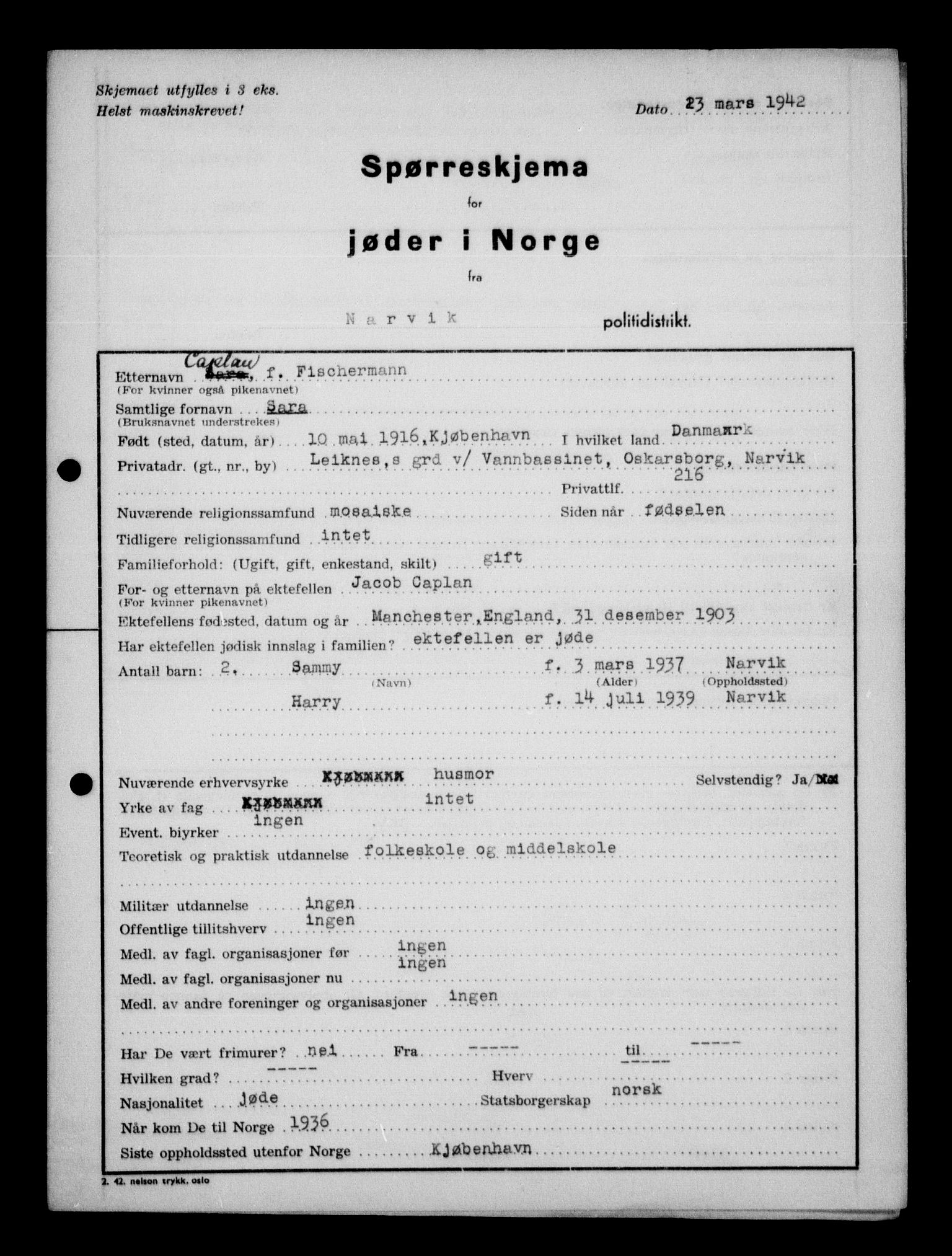 Statspolitiet - Hovedkontoret / Osloavdelingen, AV/RA-S-1329/G/Ga/L0012: Spørreskjema for jøder i Norge. 1: Aker 114- 207 (Levinson-Wozak) og 656 (Salomon). 2: Arendal-Hordaland. 3: Horten-Romerike.  , 1942, p. 829