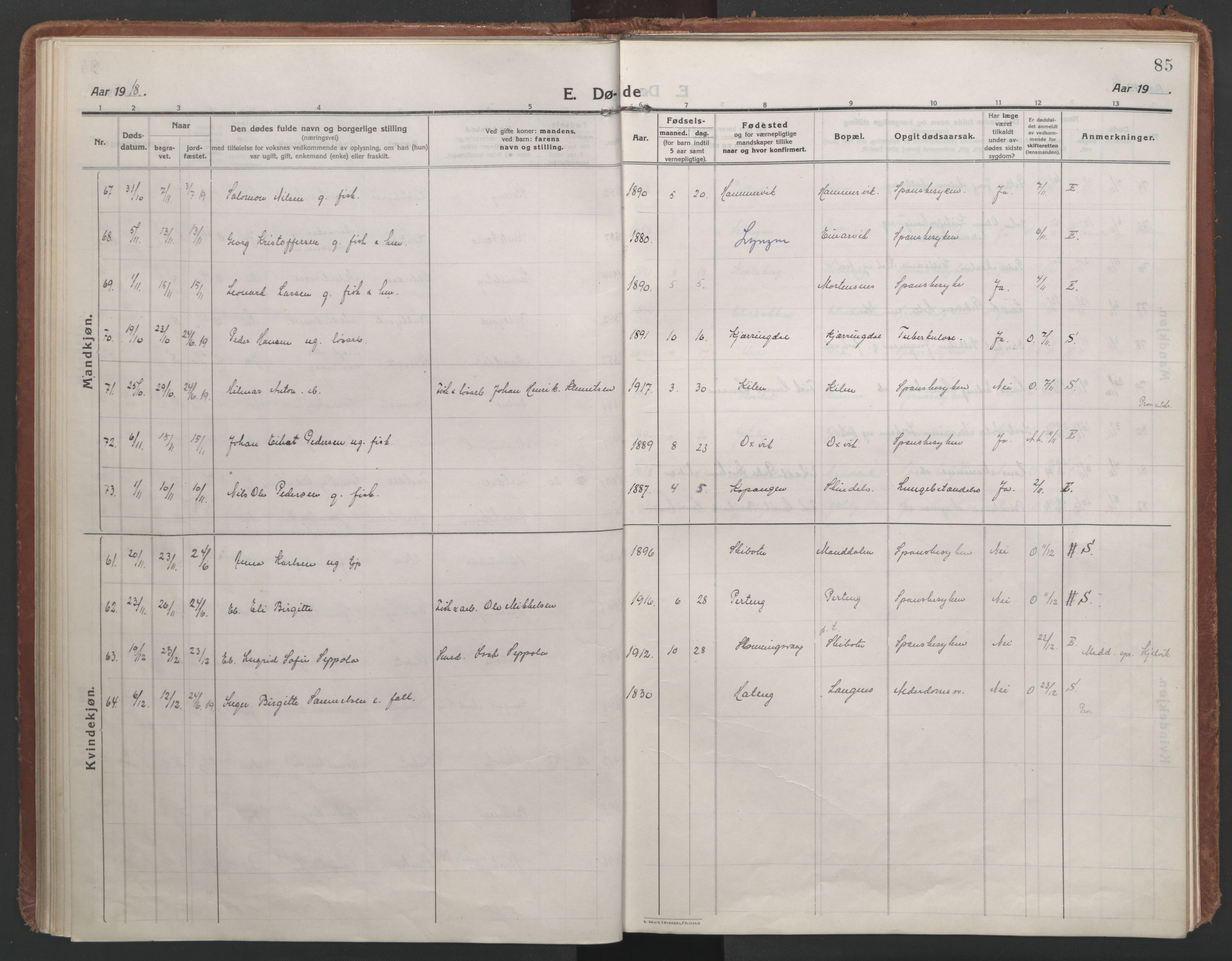 Lyngen sokneprestembete, AV/SATØ-S-1289/H/He/Hea/L0013kirke: Parish register (official) no. 13, 1914-1923, p. 85