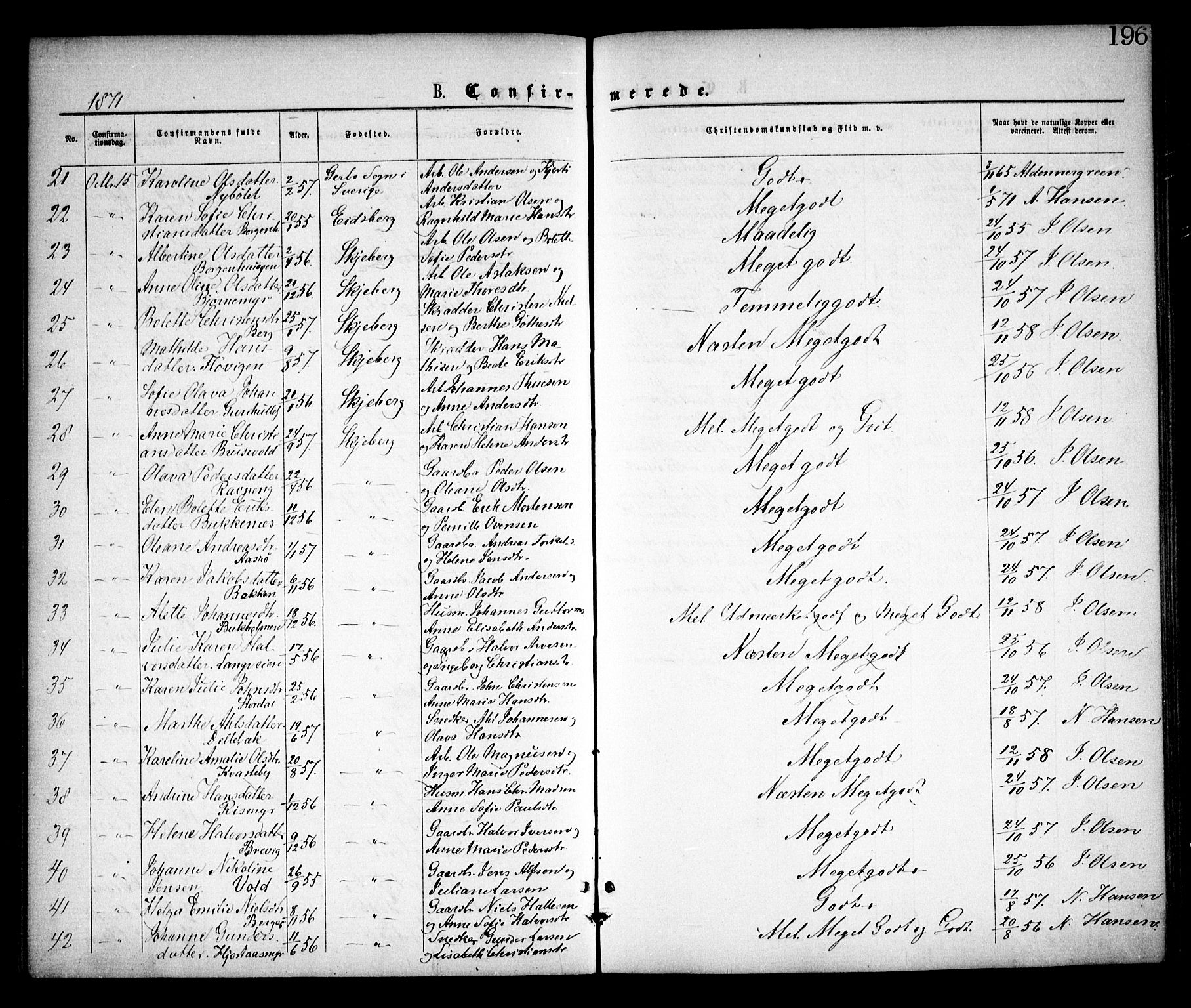 Skjeberg prestekontor Kirkebøker, SAO/A-10923/F/Fa/L0008: Parish register (official) no. I 8, 1869-1885, p. 196