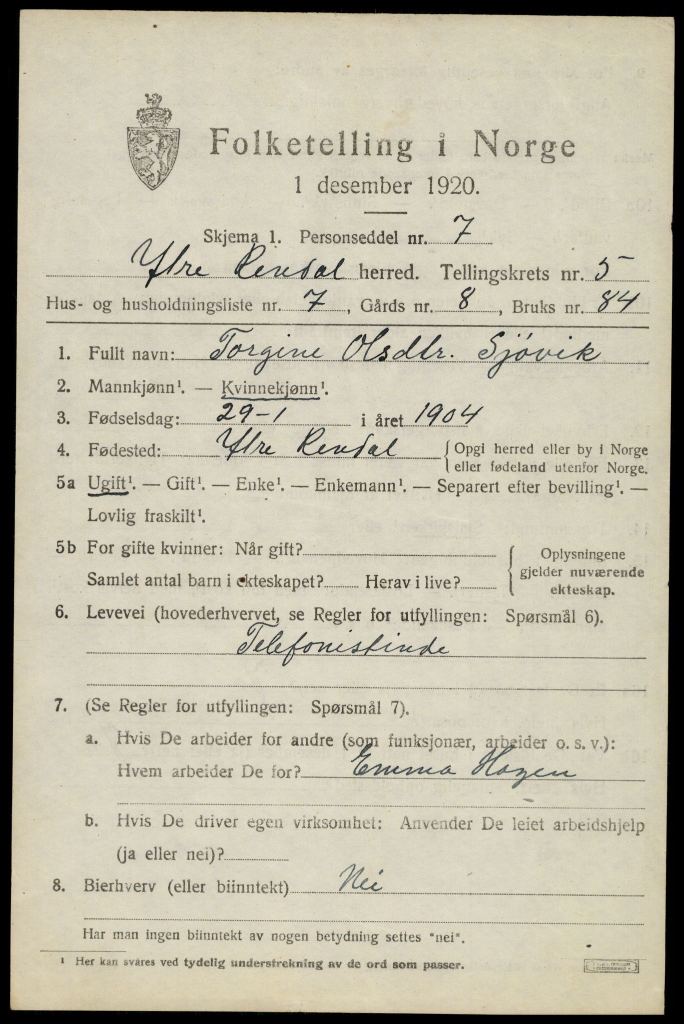 SAH, 1920 census for Ytre Rendal, 1920, p. 2691