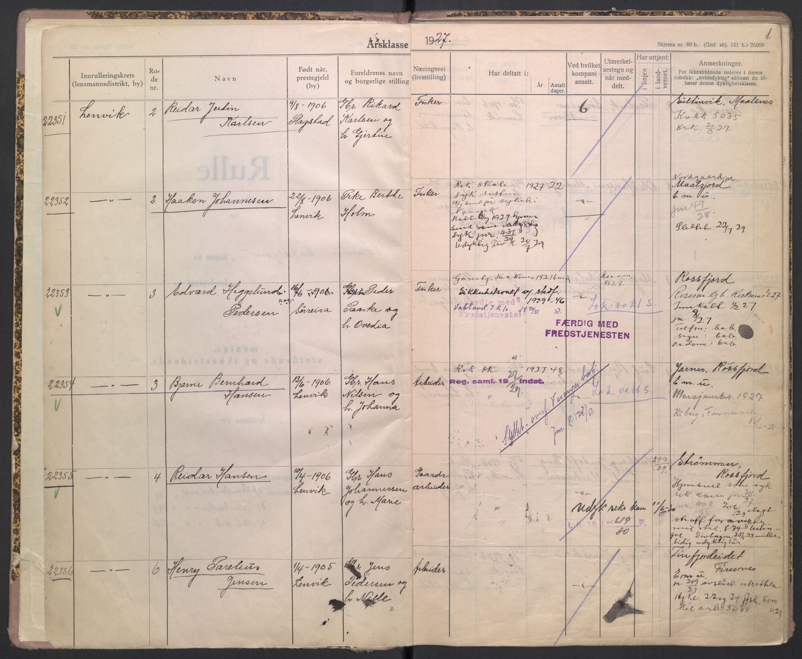 Forsvaret, Troms infanteriregiment nr. 16, AV/RA-RAFA-3146/P/Pa/L0004/0004: Ruller / Rulle for Bardu bataljons menige mannskaper, årsklasse 1927, 1927, p. 1