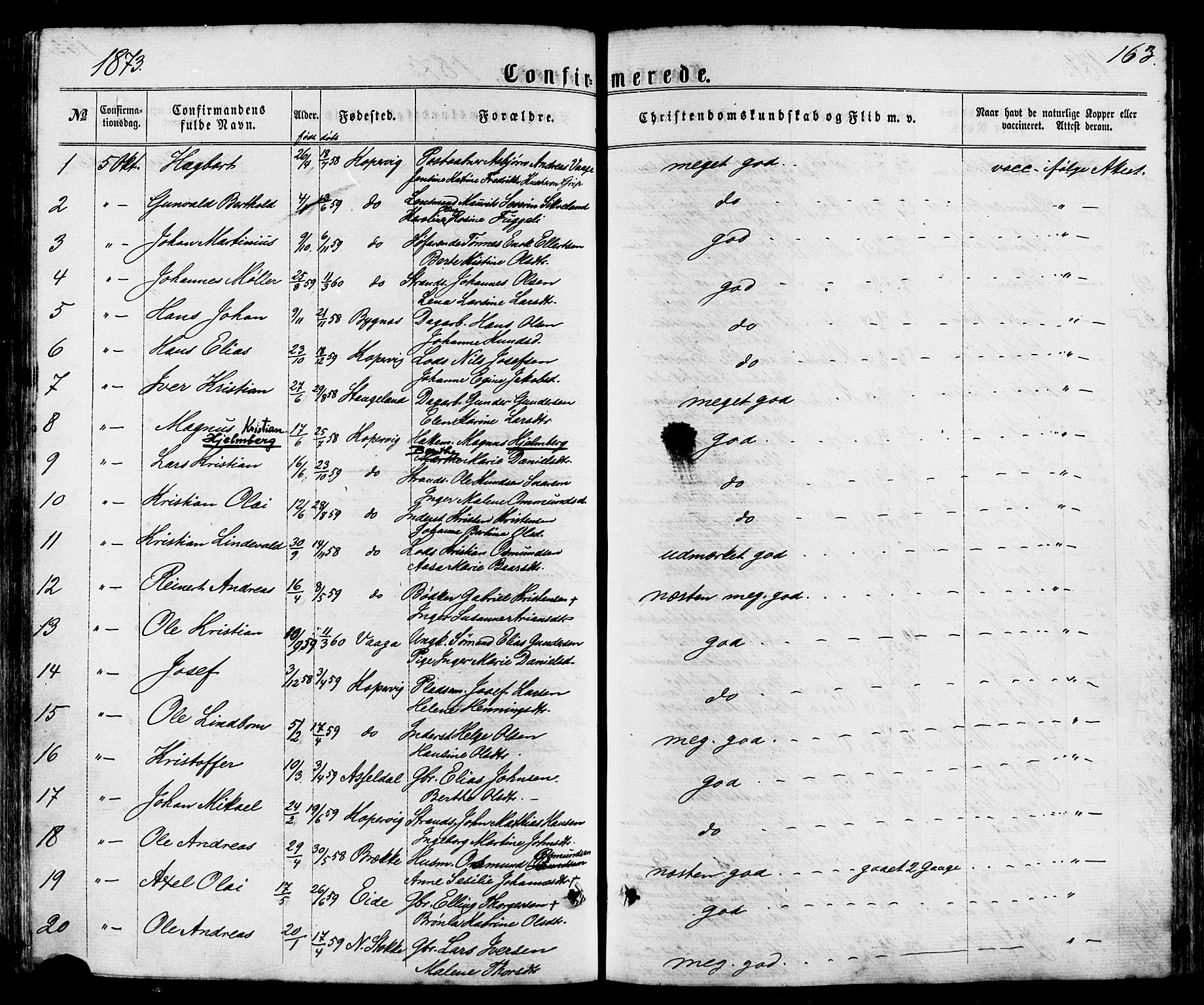 Avaldsnes sokneprestkontor, SAST/A -101851/H/Ha/Haa/L0011: Parish register (official) no. A 11, 1861-1880, p. 163