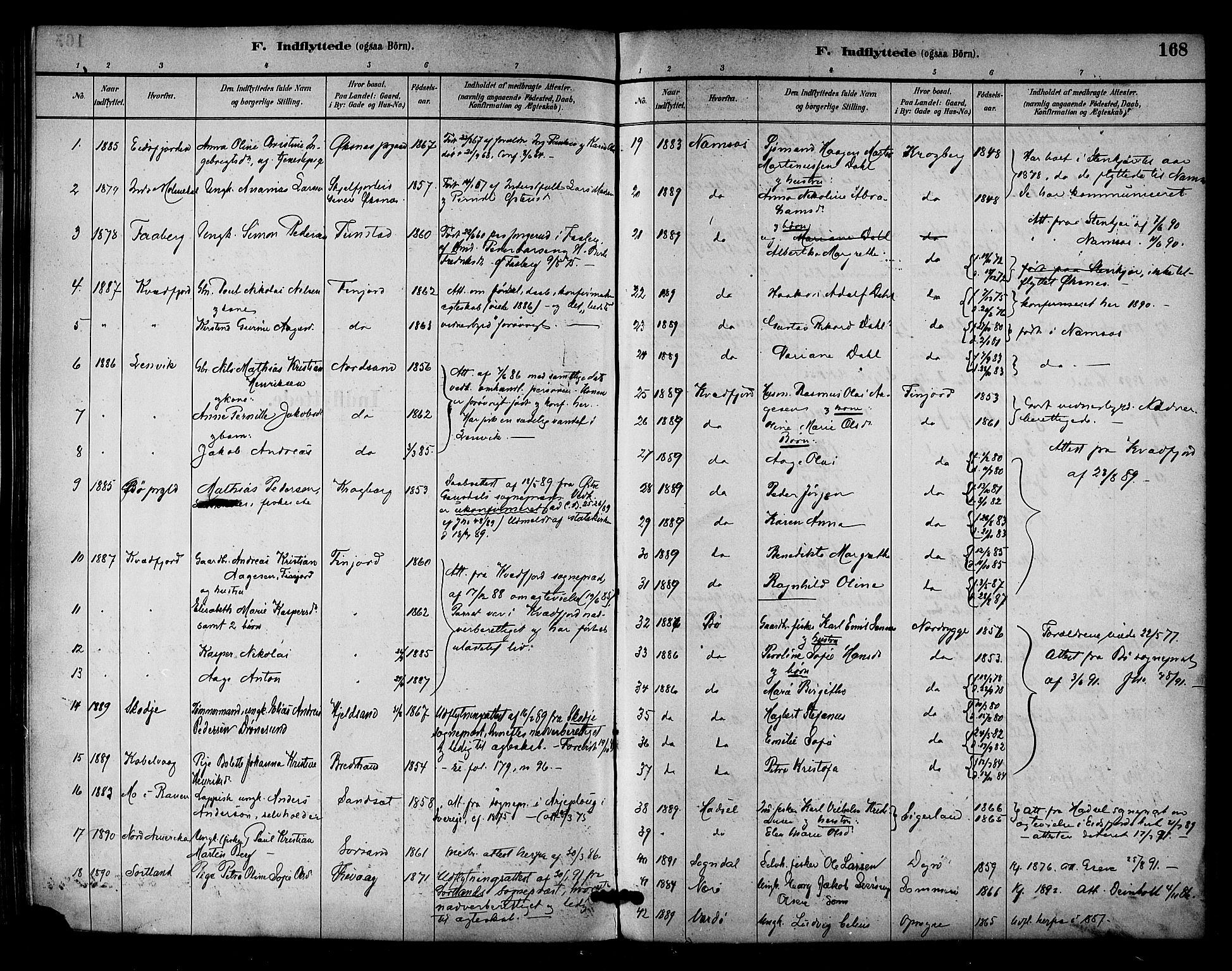 Ministerialprotokoller, klokkerbøker og fødselsregistre - Nordland, SAT/A-1459/893/L1337: Parish register (official) no. 893A09, 1885-1893, p. 168