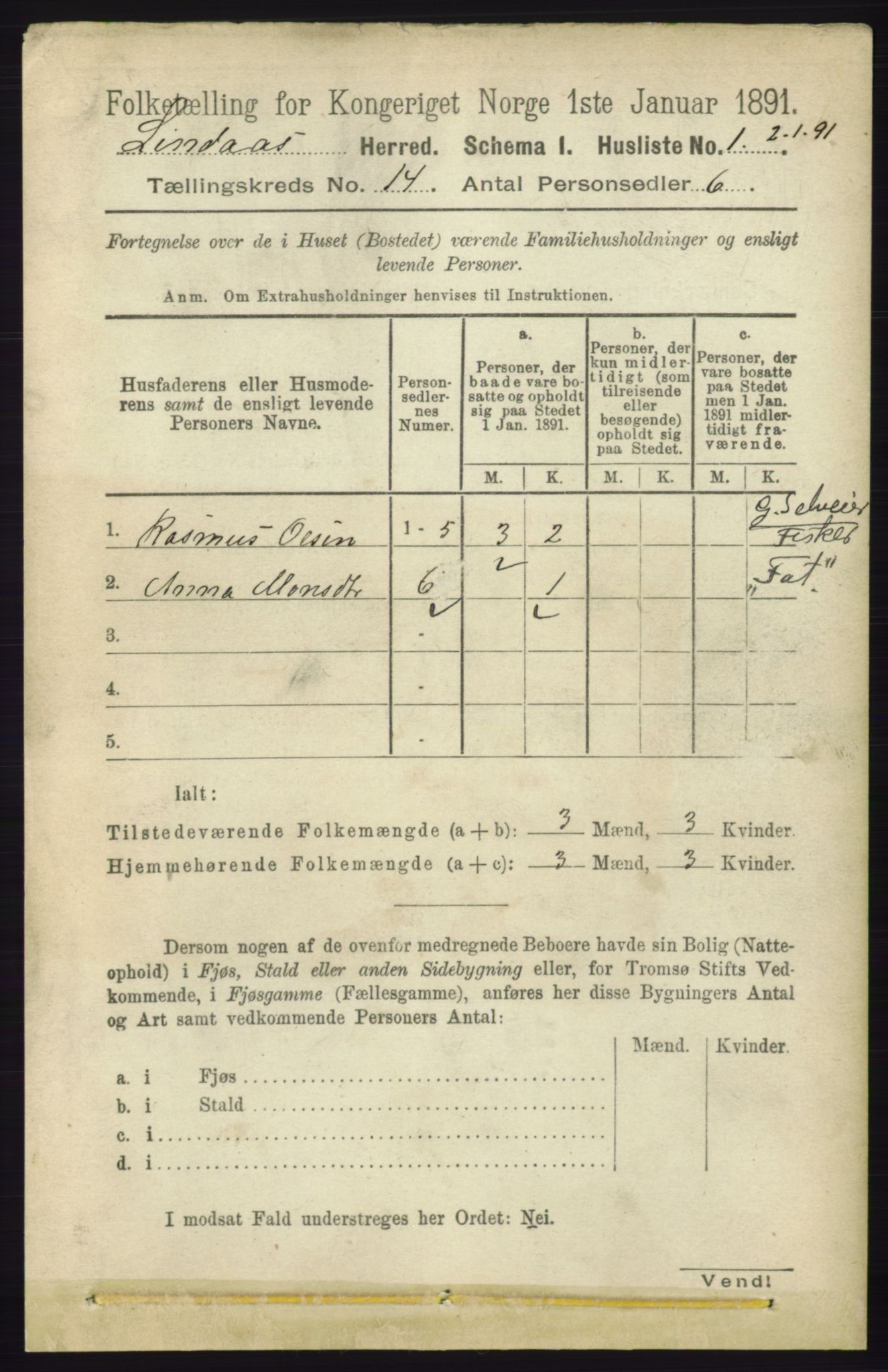 RA, 1891 census for 1263 Lindås, 1891, p. 4836