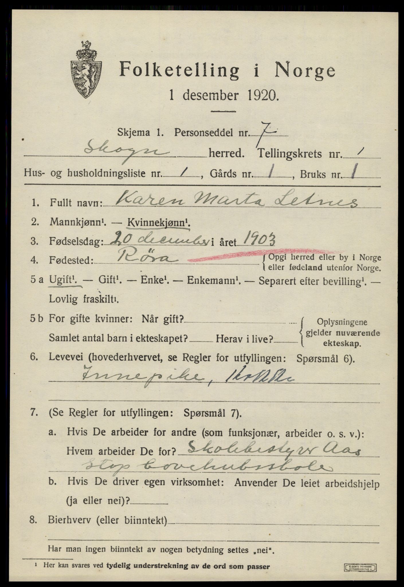 SAT, 1920 census for Skogn, 1920, p. 1295