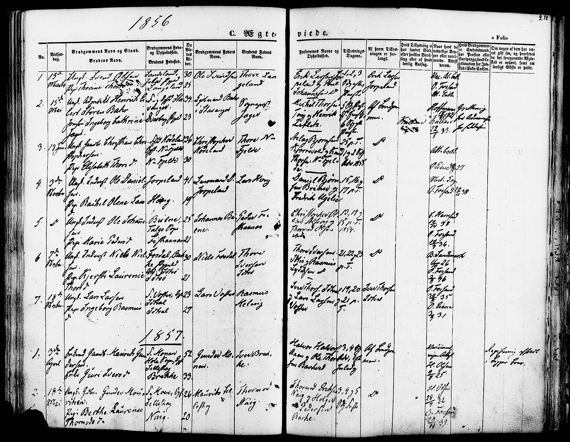 Strand sokneprestkontor, SAST/A-101828/H/Ha/Haa/L0007: Parish register (official) no. A 7, 1855-1881, p. 218