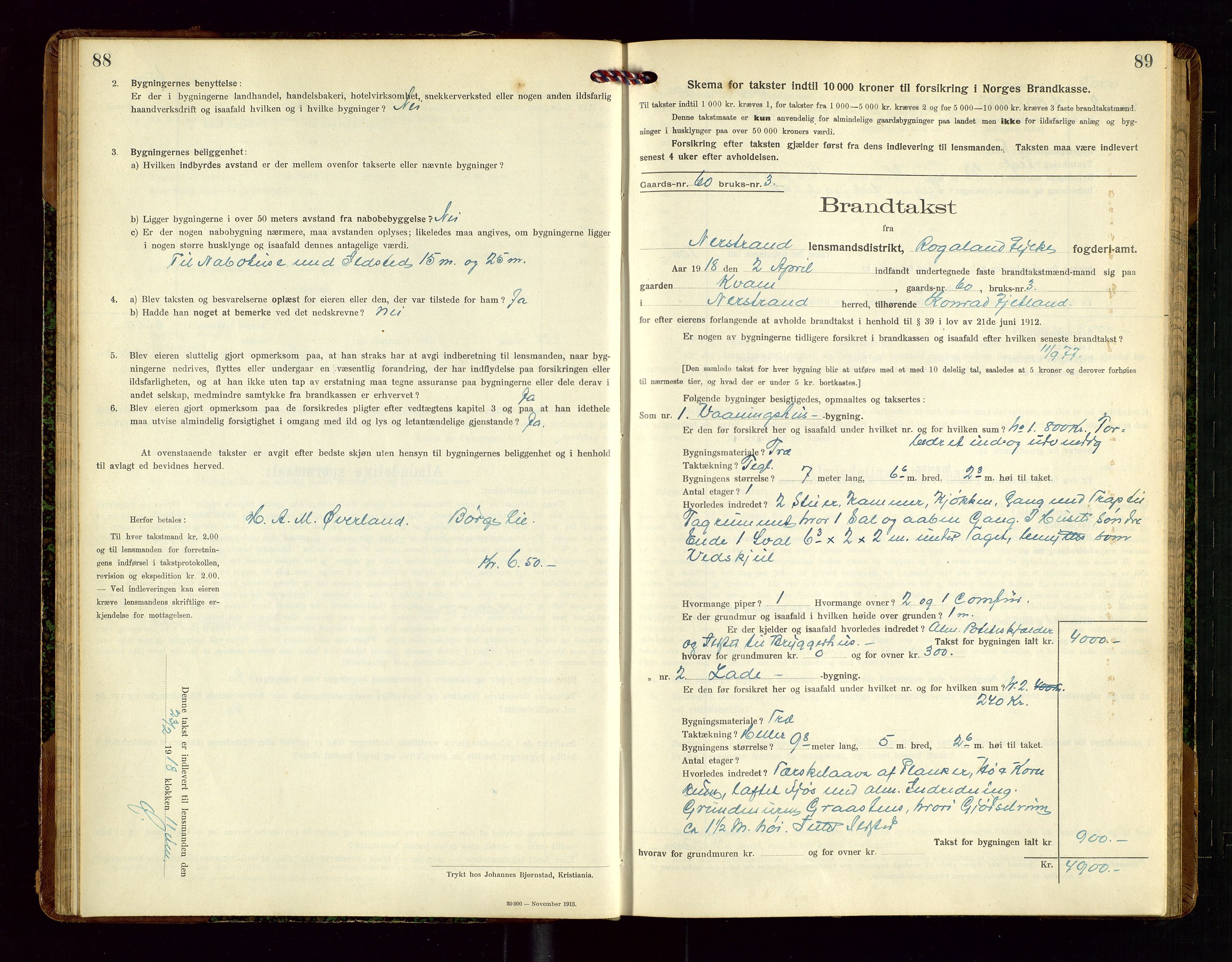 Nedstrand lensmannskontor, SAST/A-100236/Gob/L0002: "Brandtakstprotokol for Nerstrand lensmandsdistrikt Rogaland Fylke", 1916-1949, p. 88-89