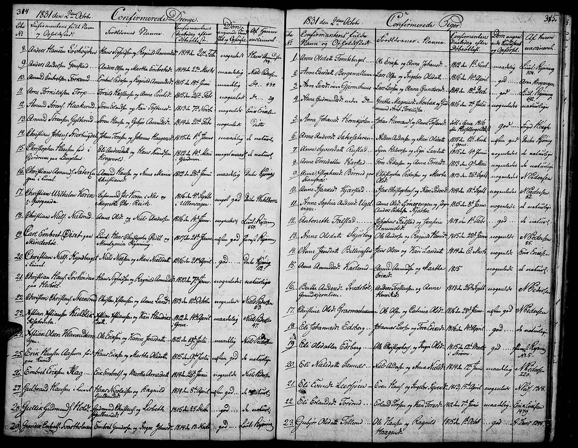 Vinger prestekontor, SAH/PREST-024/H/Ha/Hab/L0002: Parish register (copy) no. 2, 1818-1834, p. 314-315