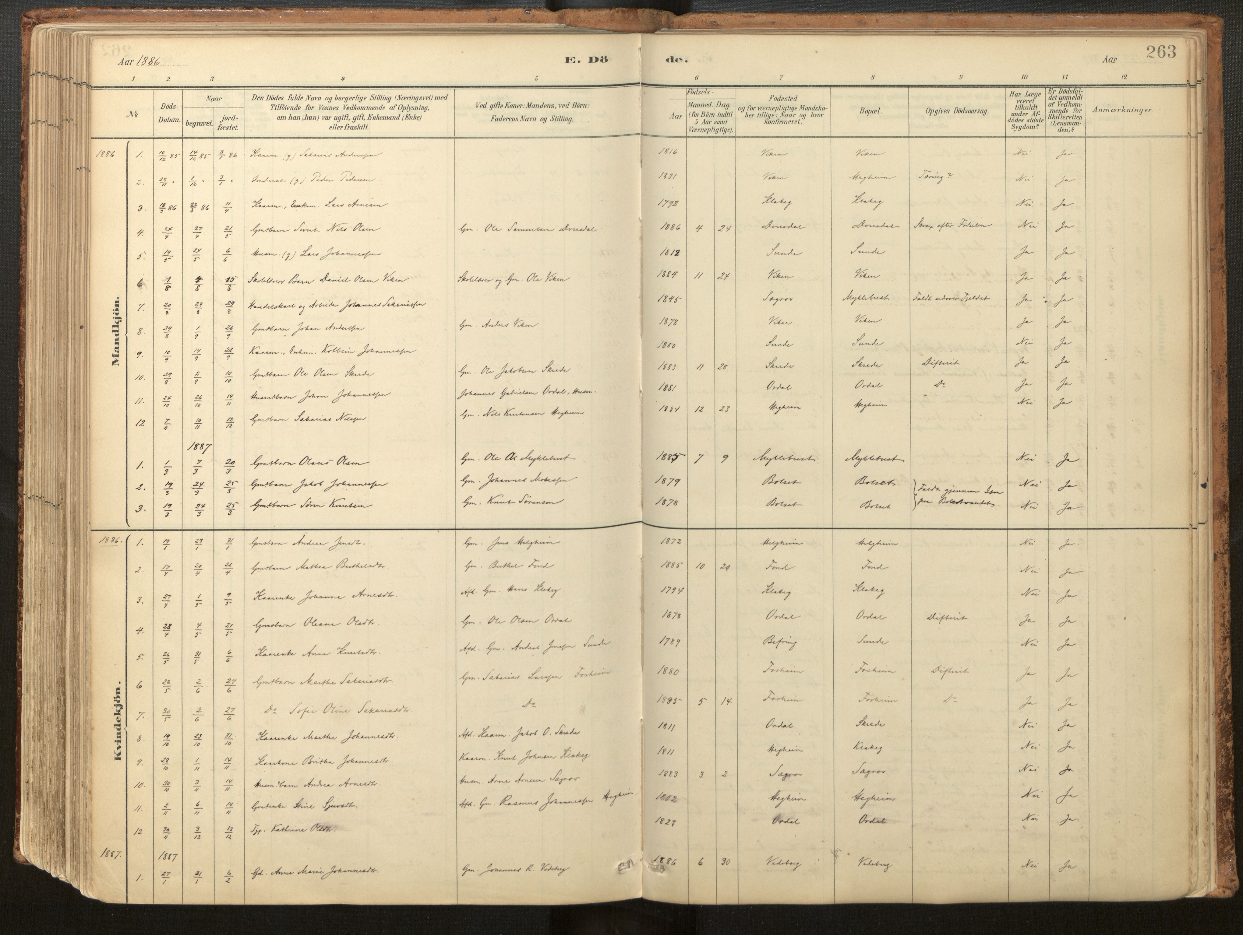 Jølster sokneprestembete, AV/SAB-A-80701/H/Haa/Haac/L0001: Parish register (official) no. C 1, 1882-1928, p. 263