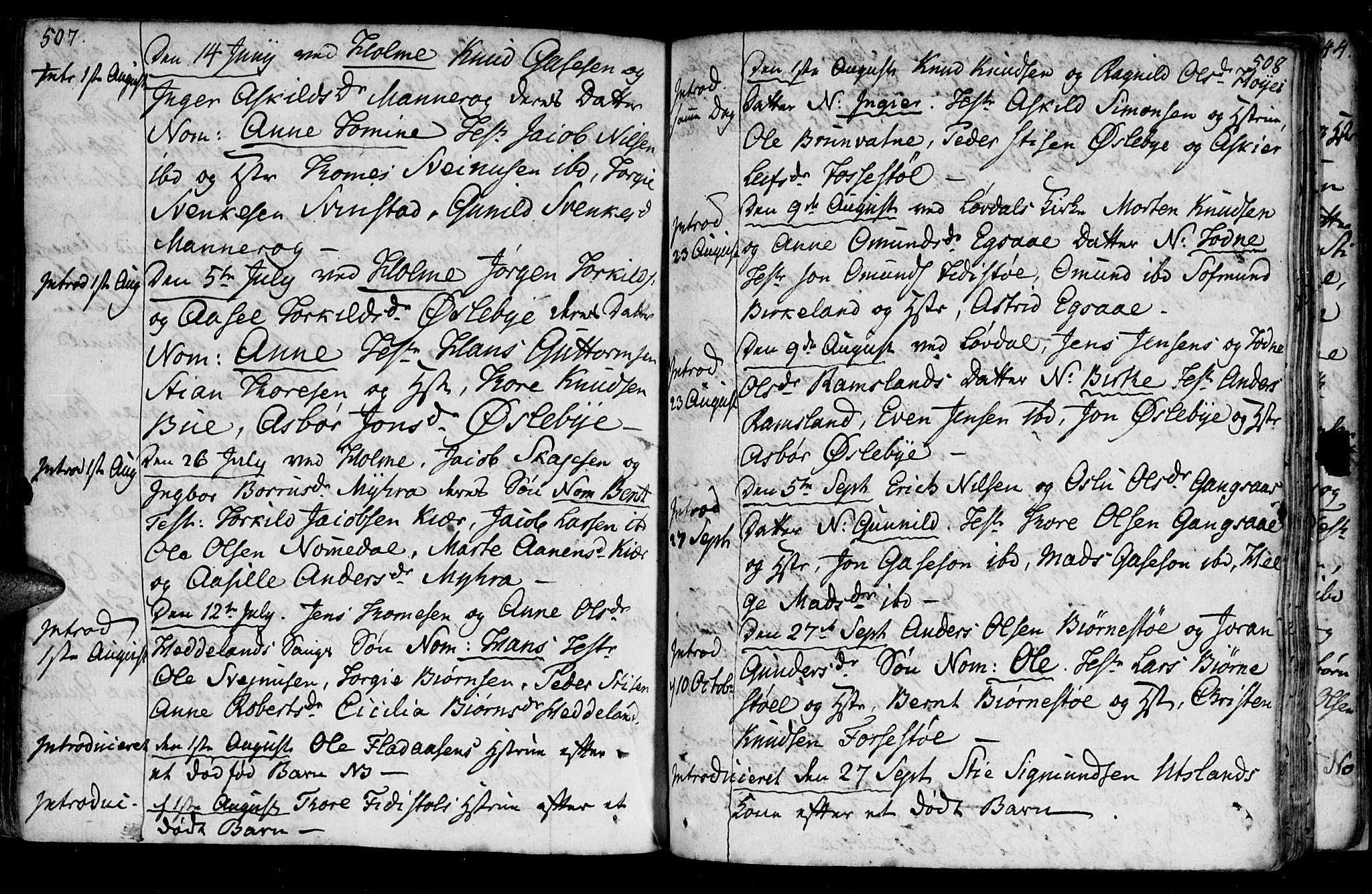 Holum sokneprestkontor, SAK/1111-0022/F/Fa/Fac/L0001: Parish register (official) no. A 1, 1773-1820, p. 507-508