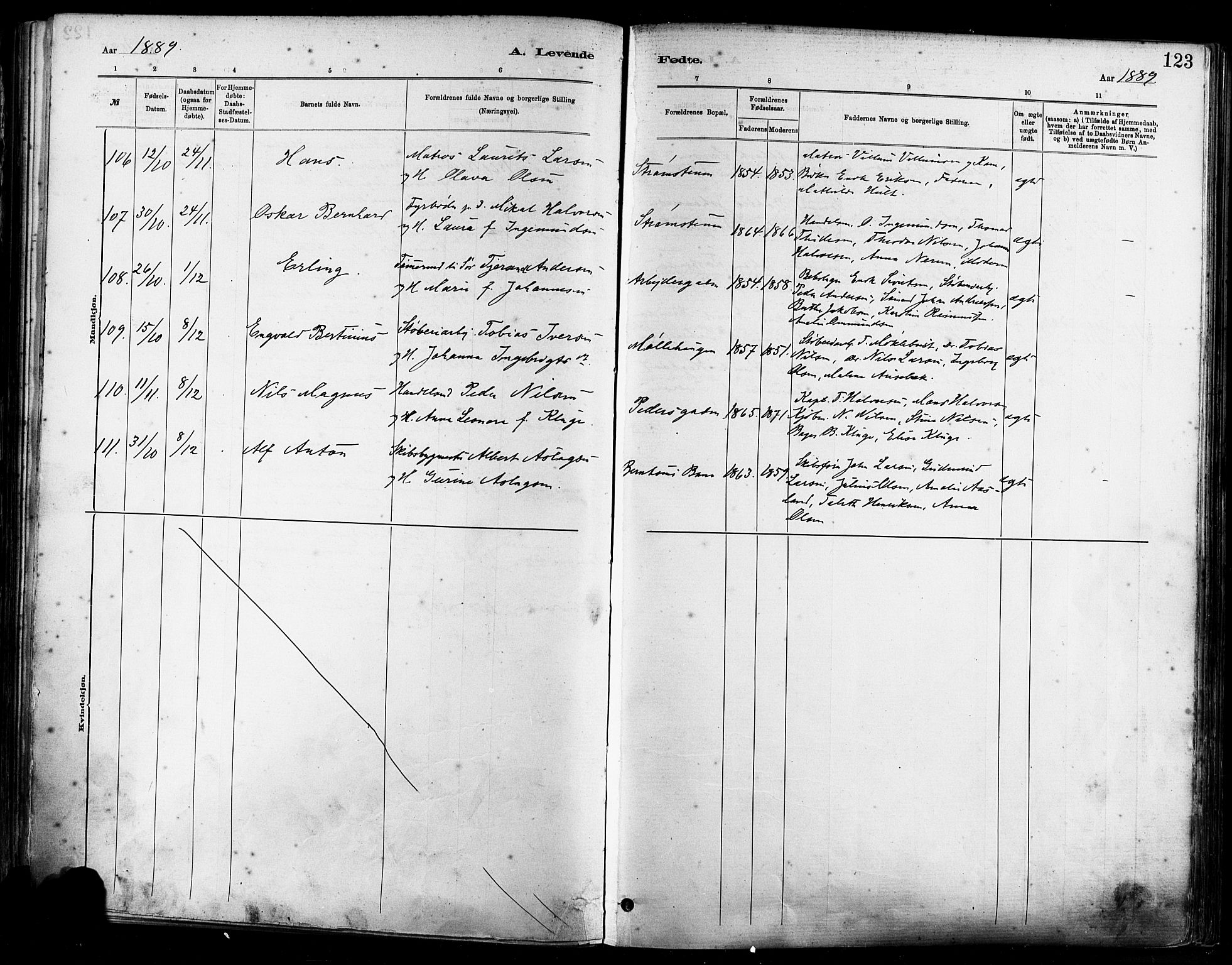 St. Johannes sokneprestkontor, AV/SAST-A-101814/001/30/30BA/L0001: Parish register (official) no. A 1, 1885-1891, p. 123