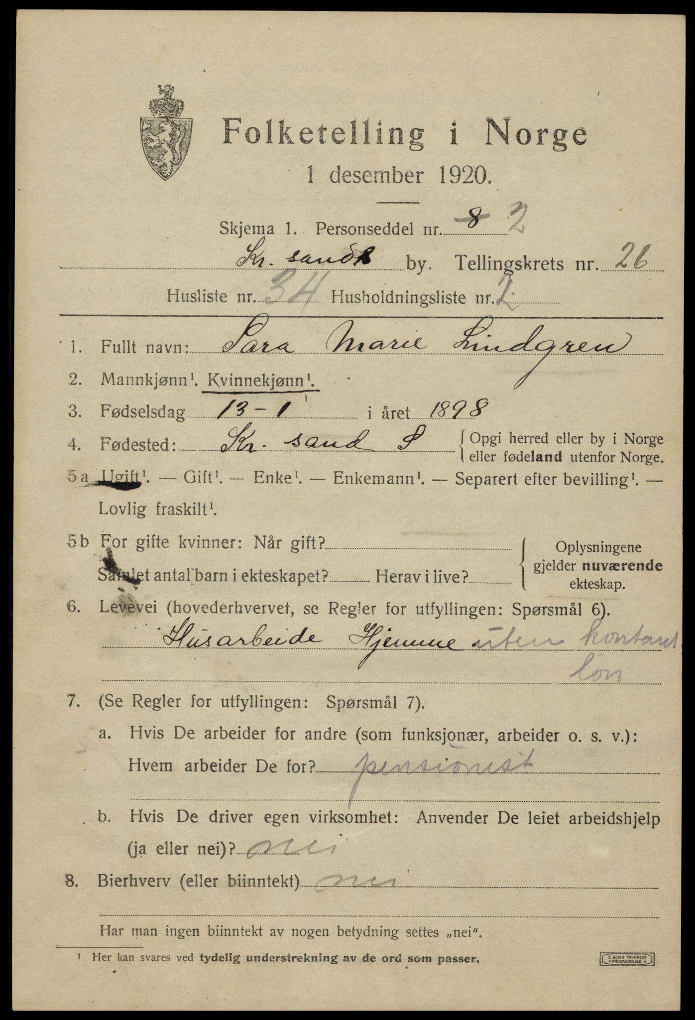 SAK, 1920 census for Kristiansand, 1920, p. 45399