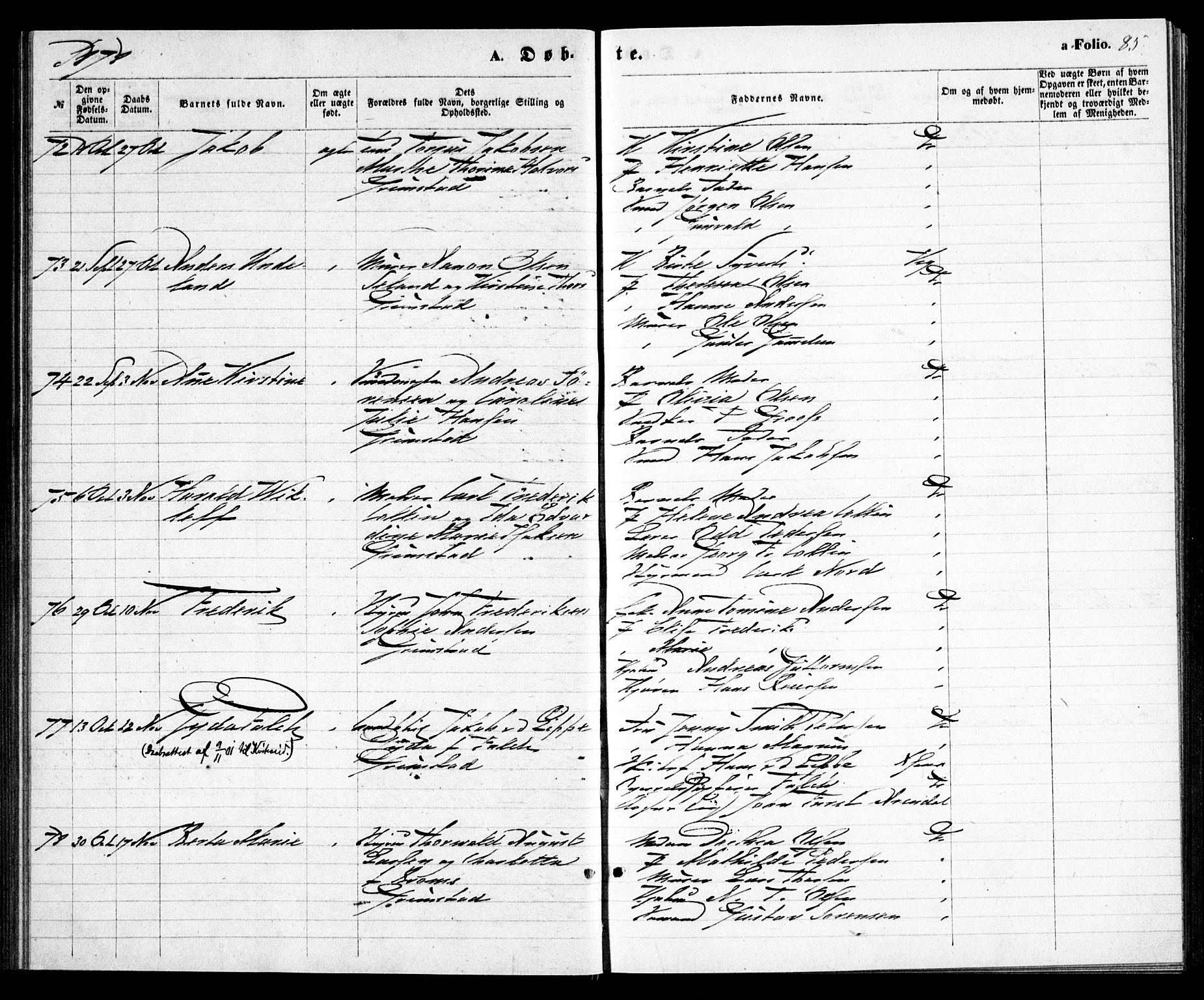 Grimstad sokneprestkontor, AV/SAK-1111-0017/F/Fa/L0002: Parish register (official) no. A 1, 1869-1881, p. 85