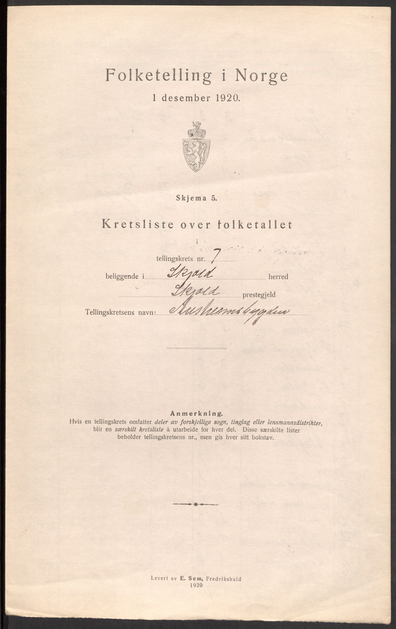 SAST, 1920 census for Skjold, 1920, p. 25