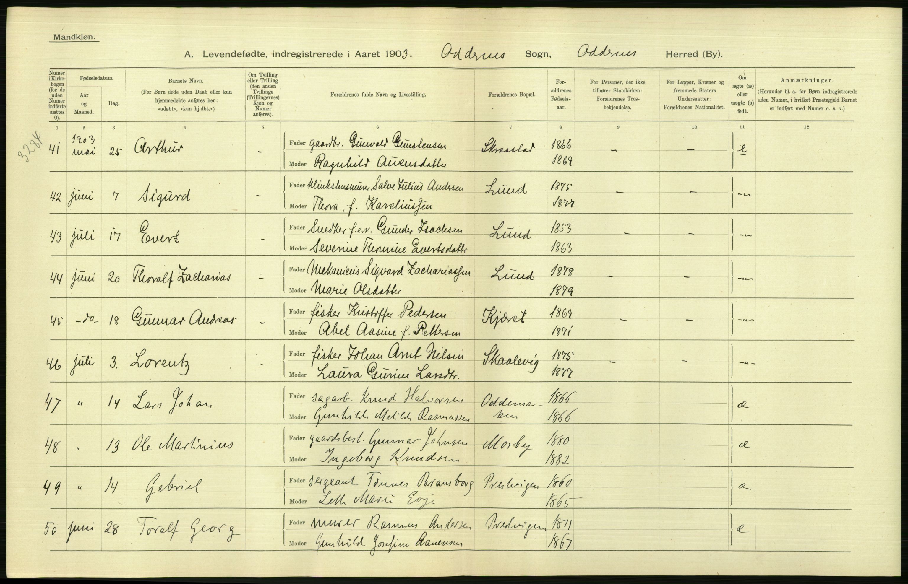 Statistisk sentralbyrå, Sosiodemografiske emner, Befolkning, AV/RA-S-2228/D/Df/Dfa/Dfaa/L0011: Lister og Mandal amt: Fødte, gifte, døde, 1903, p. 186