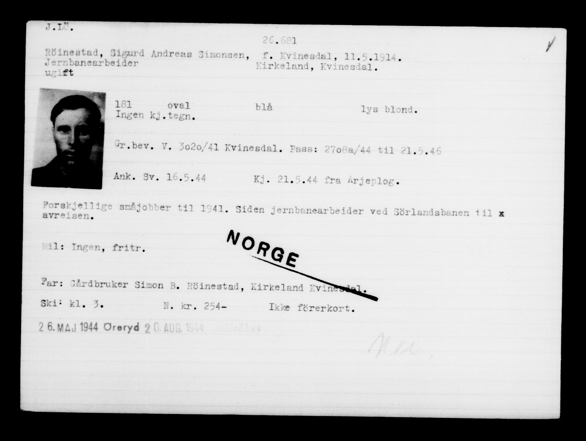 Den Kgl. Norske Legasjons Flyktningskontor, AV/RA-S-6753/V/Va/L0011: Kjesäterkartoteket.  Flyktningenr. 25300-28349, 1940-1945, p. 1450